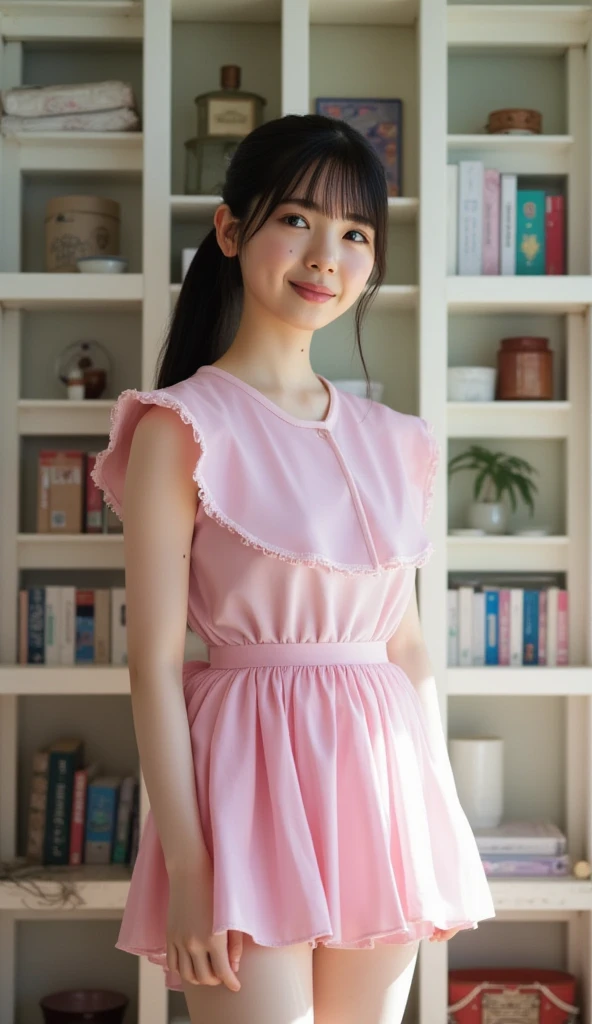 (Pink luxury maxi long dress, Long Sleeve Ruffled, White maid apron, White prim head), (スカートをたくし上げる with Panty shots with a polka dot pattern:1.3), (full length, whole body), (black hair, 16 years old, (slim waist and large breasts style, short height:1.2), short bob hair, aqua eyes, blush stickers, one little star earring, lively eyes, younger sister girl, round face, eyebrows downward, light blush, Look at viewers, affectionate cute, cute girl, surreal high school girl, Look at viewers, smile, Hinano Himeno), (Surrealism, natural lighting, depth of field, Nikon, 8k, super detail, masterpiece, high details, anatomically correct, award winning), look at the viewer