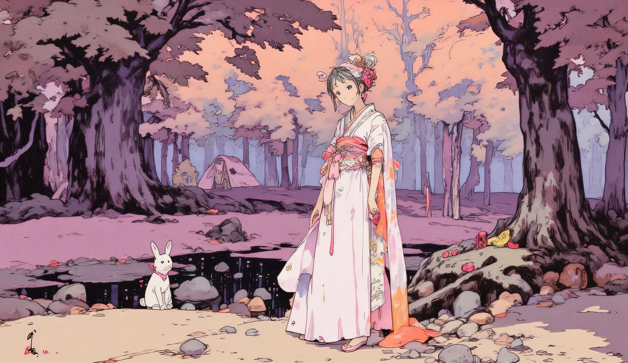 traditional japanese fairy, slim figure, Designs That Make You Feel Like Forests and Nature( Leaf and Flower Motifs 、Light Fabrics )Clothes for, earrings and chains ,corolla, intellectual and mysterious , (Cats and rabbits ) pendants and bracelets with motifs , decorative belts , asymmetrical costumes , arrange line drawings with vector layers to change the thickness to create a three-dimensional effect,Forest and lake background , Contemporary Artistic Collages , collage art work, New Album Jacket , digital collage , collage art , Contemporary Collage , mixed media collage , surreal + high image quality, surreal style,convertible, pop psychedelic art , Highly saturated work , add a little fantastic effect with airbrushing , pastel purple