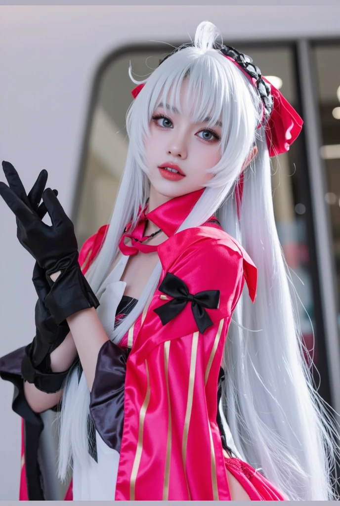 Anime girl with white hair and bunny ears, Red eyes, Shy blush,