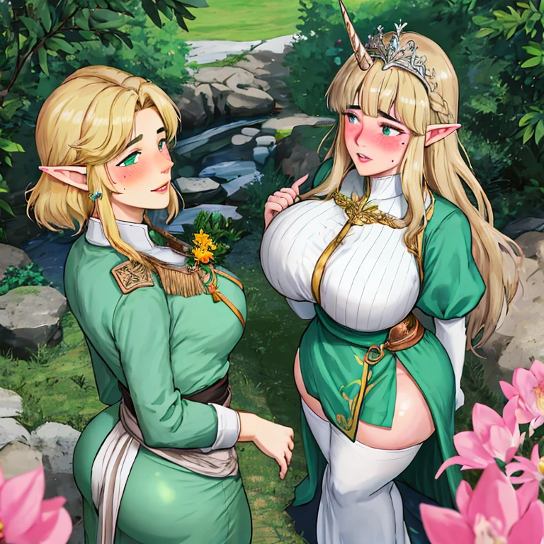 2girls, groupshot, mature female, mom, milf, 40 year old woman, elf ears, hair ornament, ((thick lips)), (puffy lips), smile, parted lips, makeup, tall, wide waist, ((wide hips)), (((thick thighs))), big ass, (huge breasts) , cleavage, navel, tall, oily breasts, harem outfit, (big earrings), necklace, bracelets, tiara, thighlet, anklets, garden, flowers, vines, gondola, ((sexy pose)), dynamic pose, hip and thigh focus, realistic lighting, head tilt, painted nails, dutch angle, (hugging), pond, waterfall, (wet)