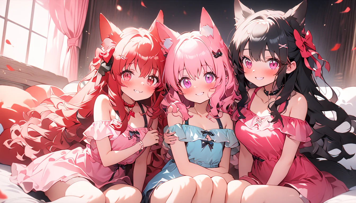 Close-up, thick 4, Perfect anatomy: 5, upper body, 1 girl, smile, wolf ears, wolf tail, pink eyes, hair between eyes, (((((wink)))), D cup, cleavage, striped hair, (((Variegated hair color: 1)))), Variegated hairstyle: 1, twin tails, ultra-detailed gradient hair, jewelry at the ends of the hair, long hair, jewelry at the ends of the hair, ( Thin pajamas with a fluttering chest: 15), AI super luxurious bedroom and cute interior: 5, (on the bed: 15) on all fours, looking at the viewer embarrassedly and laughing, turning around from behind, blushing, the morning sun shining through the window,