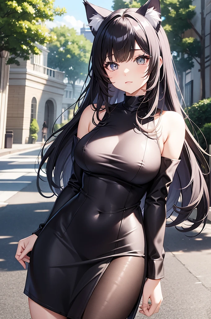 beautiful, Alone, 1 woman, Long hair, black hair, blue highlights at the ends of the hair, purple eyes, black leather bodysuit, pleassed skirt, red cloak, futuristic, cyberpunk, cinematic angle, Cinematic lighting, Work of art, best quality, nsfw, crotch rubbing