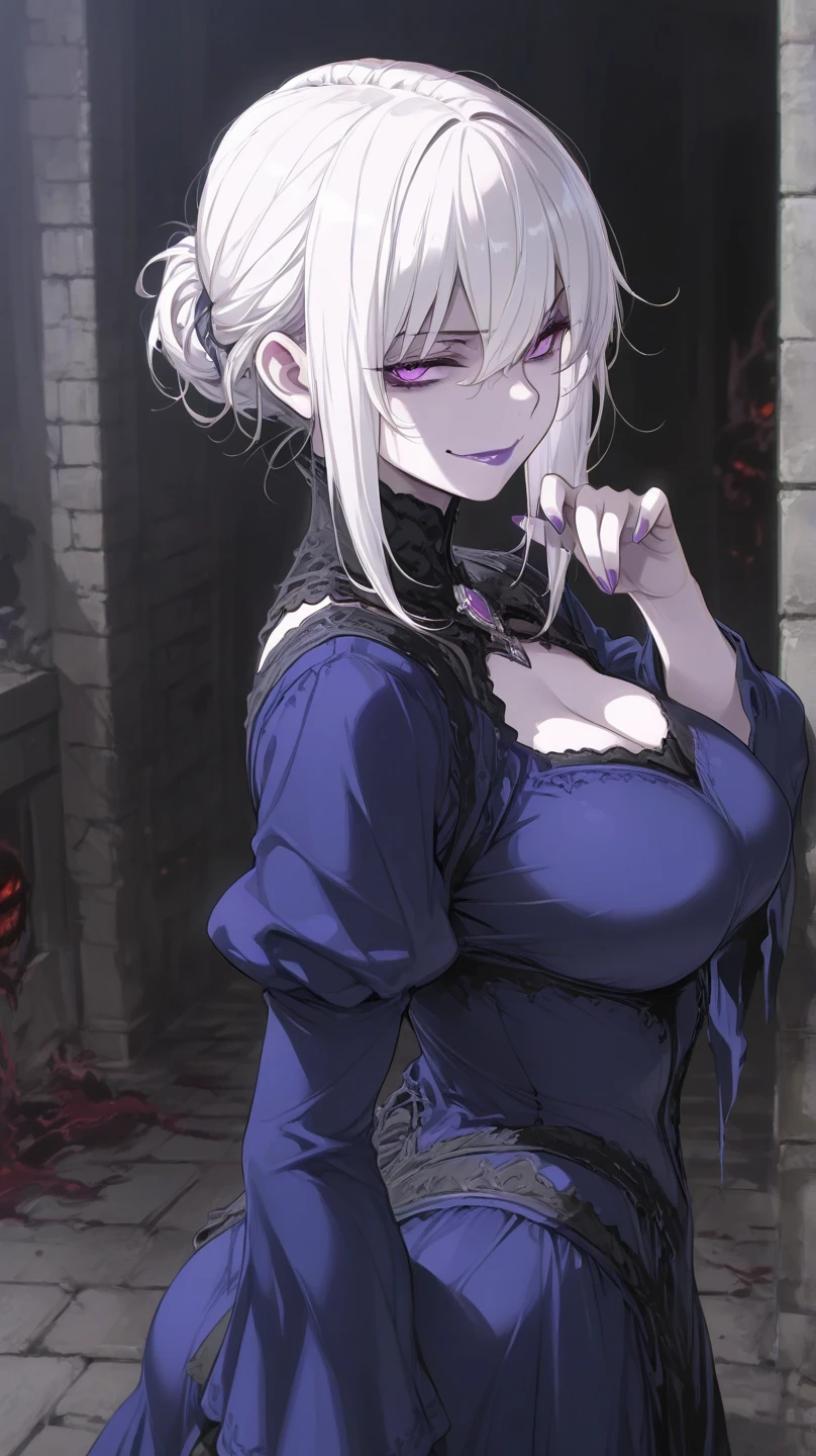 (Top image quality),2023 Animation,Top animation quality,High-resolution details,Detailed wallpaper,(masterpiece),(medium view), solo,A woman,upper body,neat lavender hair,neat bangs,clear(Golden pupils),Beauty,light smile,(Wearing only a Gothic off-the-shoulder long-sleeved dress with lace trim),large breast,(Cleavage),((a snake entangle body)),Snake clinging to the neck,beautiful rainbow snake,cinematic shadow,Gothic castle background,(Depth of Field),(dark feeling),Candlelight,Spooky light