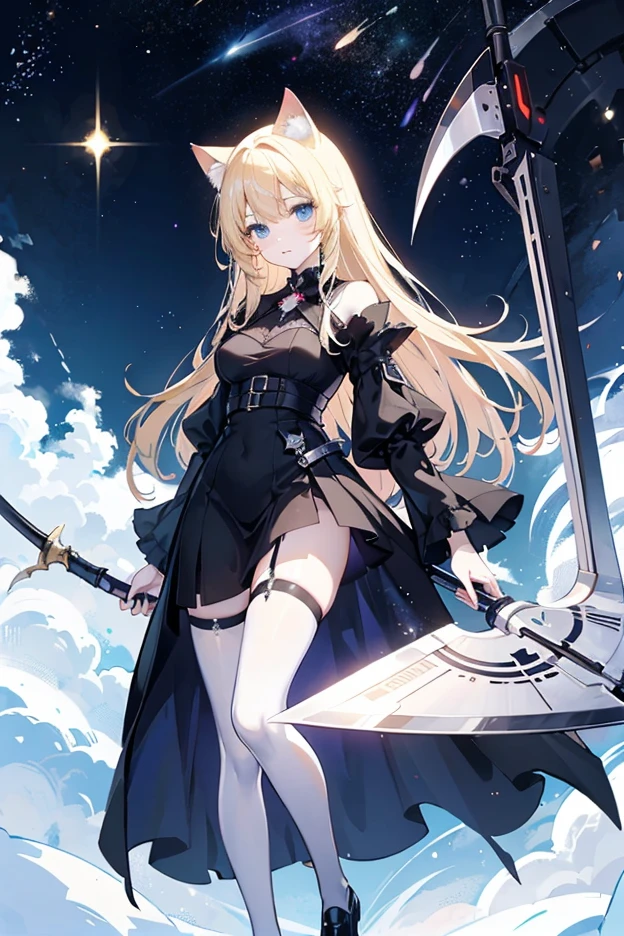 Galaxy like background, in a space ship, tall nature woman, blonde hair, cat ears, blue eyes, pale skin, black and white dress, old fashioned bottom, high black stockings, holding a Sci-fi like scythe. Determination on her face.