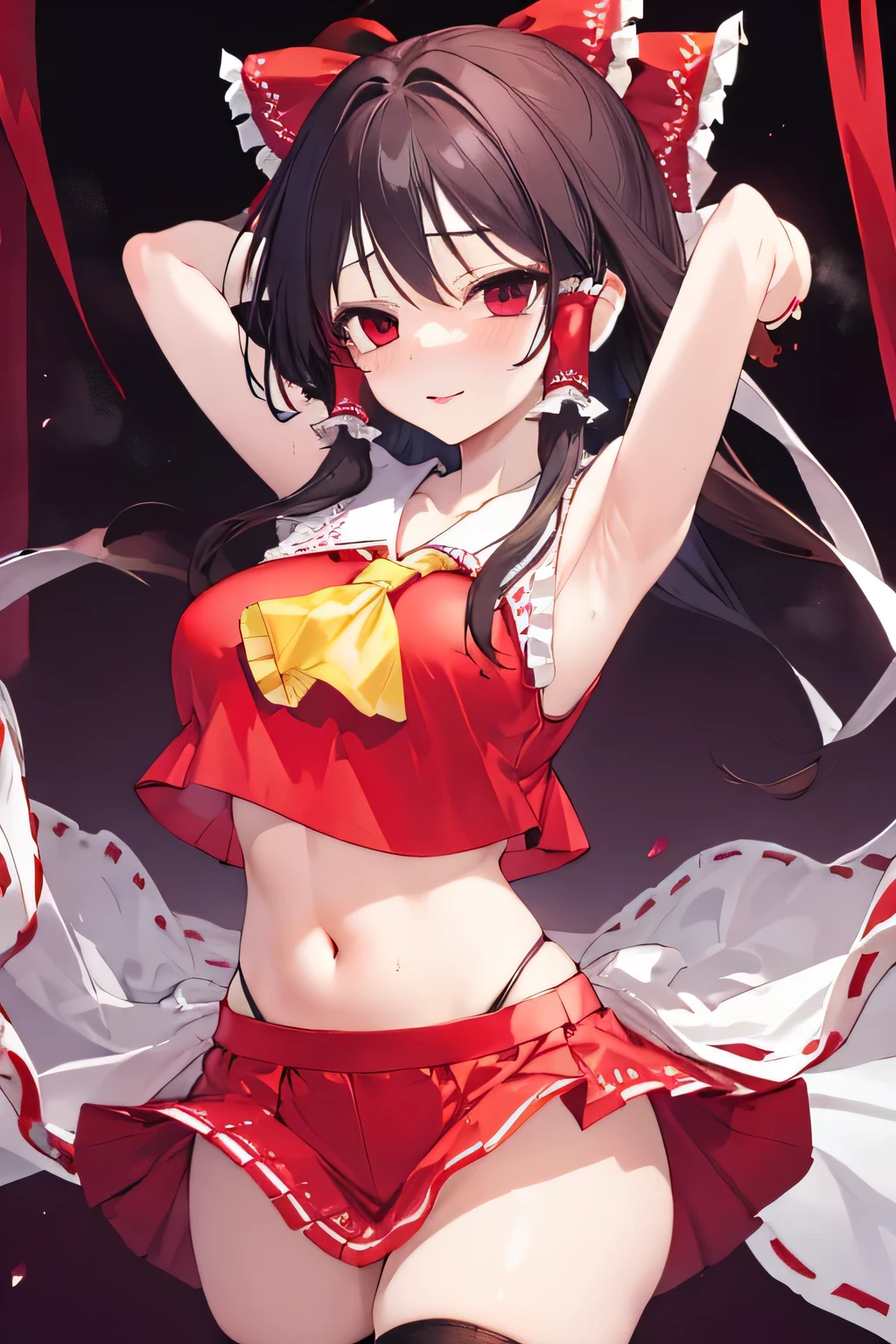 Reimu Hakurei,Big Breasts,Chest Valley,thighs,stockings,arms have been restrained since,I'm raising my arms up,armpits are visible