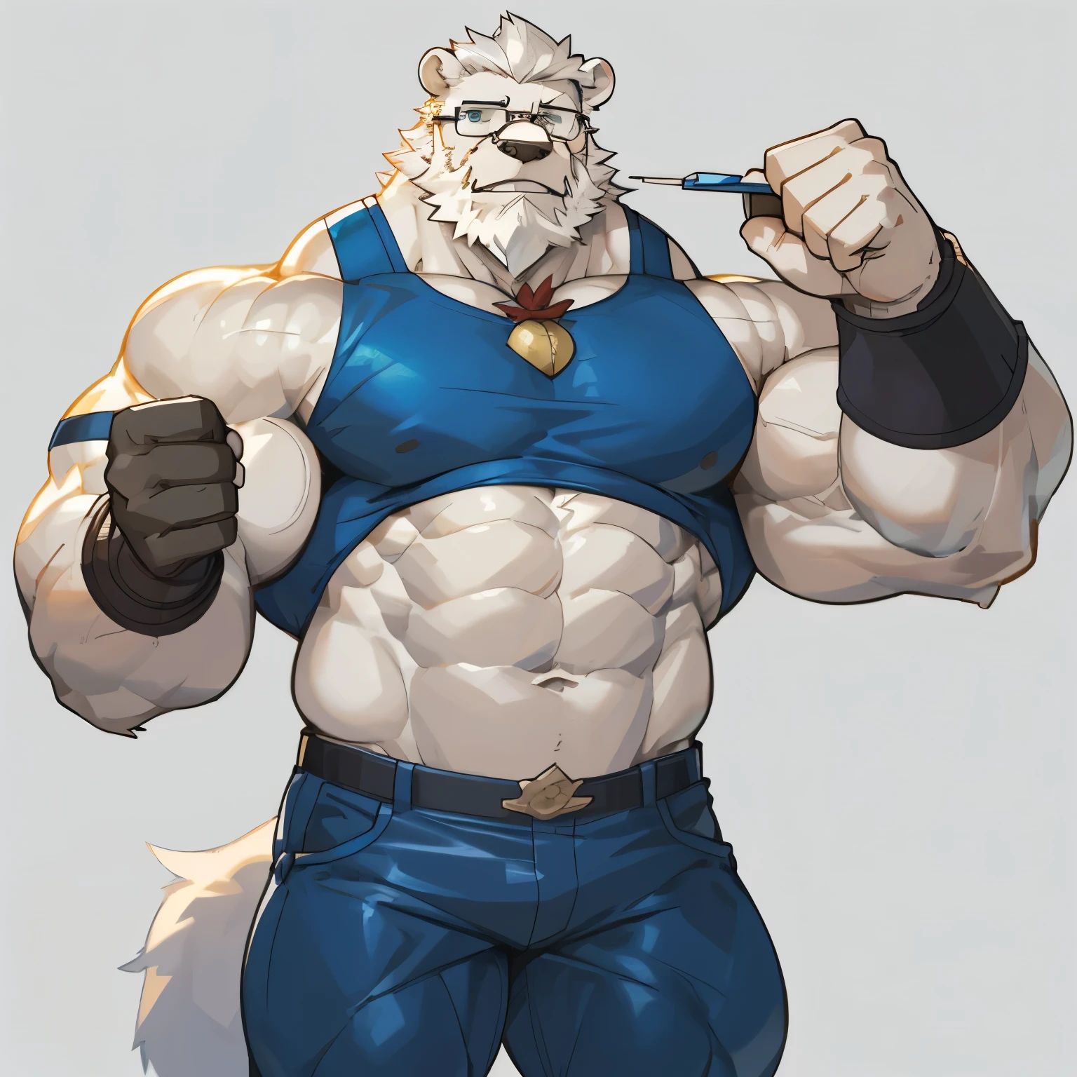 huge muscular old man(furry bear), white hair, shorts, bearded, musclegut, holding axe, axe