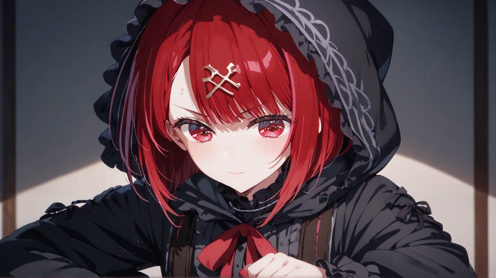 1girl , short red hair, red eyes, youthful face, red ribbon accents, confident pose, determined expression, pale skin, delicate features, slight smirk, intense gaze, gothic-style hairpin, subtle sweat on forehead,gothic ta, ,1_girl,black hood,a black dress,Belt on waist,(( Japanese Anime Illustration)),((Japanese Anime Official Style))