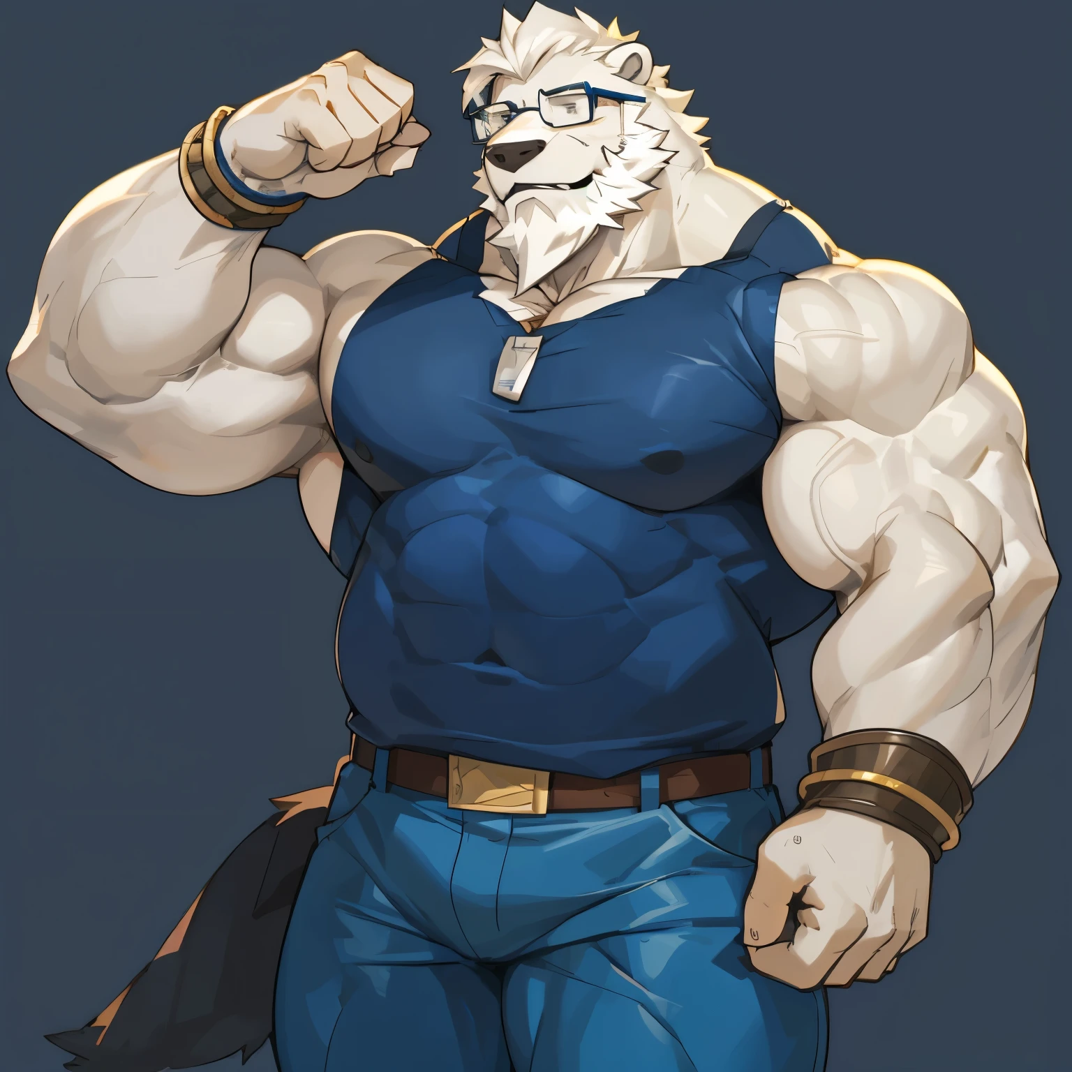 solo, 1boy, Huge Muscular Old Grizzly Bear wearing glasses , pectoral, huge pectoral, wide pectoral, short white hair, short pants, black wristbands, watch and shirtless and topless, bearded, Mustache, simple background, masterpiece, high detailed, 8k, high resolution, at the gym, double biceps arms flex, veins popping