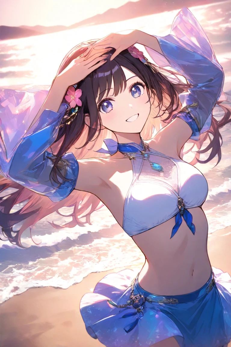 (masterpiece、highest quality、highest quality、Official Art、Beautiful and beautiful:1.2)、(One girl:1.3)Hatsune Miku、Twin tails,Big Breasts,Illustration of a dancing belly dancer、アニメWindイラスト, High resolution, Super detailed, (One girl:1.3), (Dynamic pose):1.0 break, Cowboy Shot, (Pale skin:1.3), ((Detailed blue eyes)), (Bokeh effect), (Dynamic Angle), 1 Very beautiful and charming anime wife in competition dance hall, (Wearing a royal blue satin belly dancer costume:1.37), break, 彼女は金髪のウェーブのかかったTwin tailsの髪型をしています, Medium Breasted, thin, A light smile, Happy, Wind, 8 Life-size, Detailed clothing, Detailed body, Detailed Weapons, Human hand, Fine hand, Perfect Nose, blush, A light smile, pink lip gloss, Looking at the audience, Facing the audience, Sexy model posing, studio soft light, Cinematic Light, Detailed Background, Realistic, ultra-Realistic, masterpiece, 32K Ultra-Clear Images, Japanese anime waifu, Concept art by Kyoto Animation, makoto shinkai,
