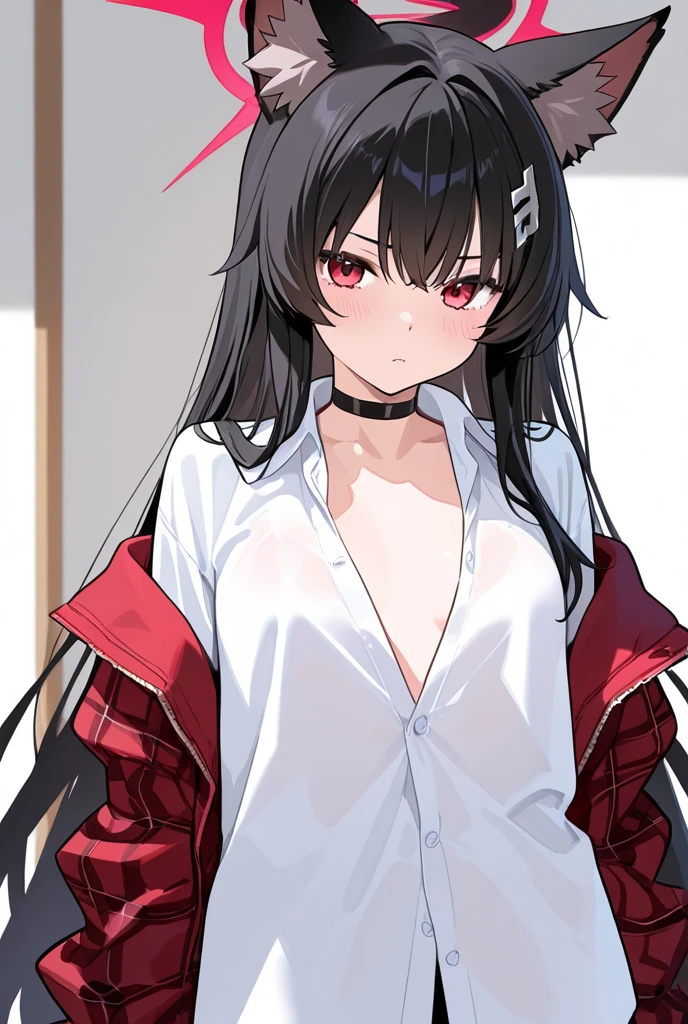 riotsukatsuki, rio, black hair, (red eyes:1.5), hair ornament, hairclip, halo, long hair,
、Extremely large breasts(4700)、 racelngerie