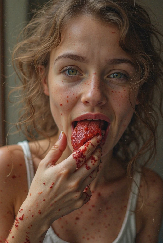 Ahegao face, decapitated female head on a plate, covered in flesh, ?????????????, ((eyes closed)), served like a food dish, bloody, photorealistic, 4K, Nikon, horror