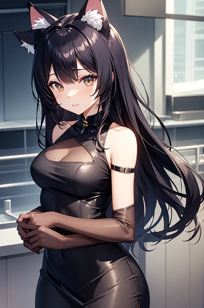 ((Highest quality)), ((masterpiece)), (detailed),Perfect Anatomy,A very cute, baby-faced, black-haired woman,((Highest quality, 8k, masterpiece: 1.3, )),A woman with very small breasts,Well-proportioned, slim body,Long, slender legs,Long, thin hands, detailedな顔, detailedな肌, fine grain, detailedな唇, detailedな舌, detailedな指, Mouth detailed, Beautiful teeth alignment,Realistic, High resolution, Natural light, Dynamic pose,Toned Legs, double eyelid, Tear bags, Round eyes, Moisturized lips, Black leather collar,