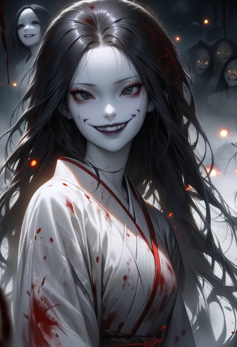 Hisako,grey skin, very long hair, white pupils, scars, glowing red fire eyes,  black sclera, 
Gold kimono with floral print,off shoulder,torn clothes, crazy smile,sharp teeth,open mouth,
looking at viewer,
japanese ghost village,night sky,
standing,upper body,
(insanely detailed, beautiful detailed face, masterpiece, best quality) cinematic lighting,solo,