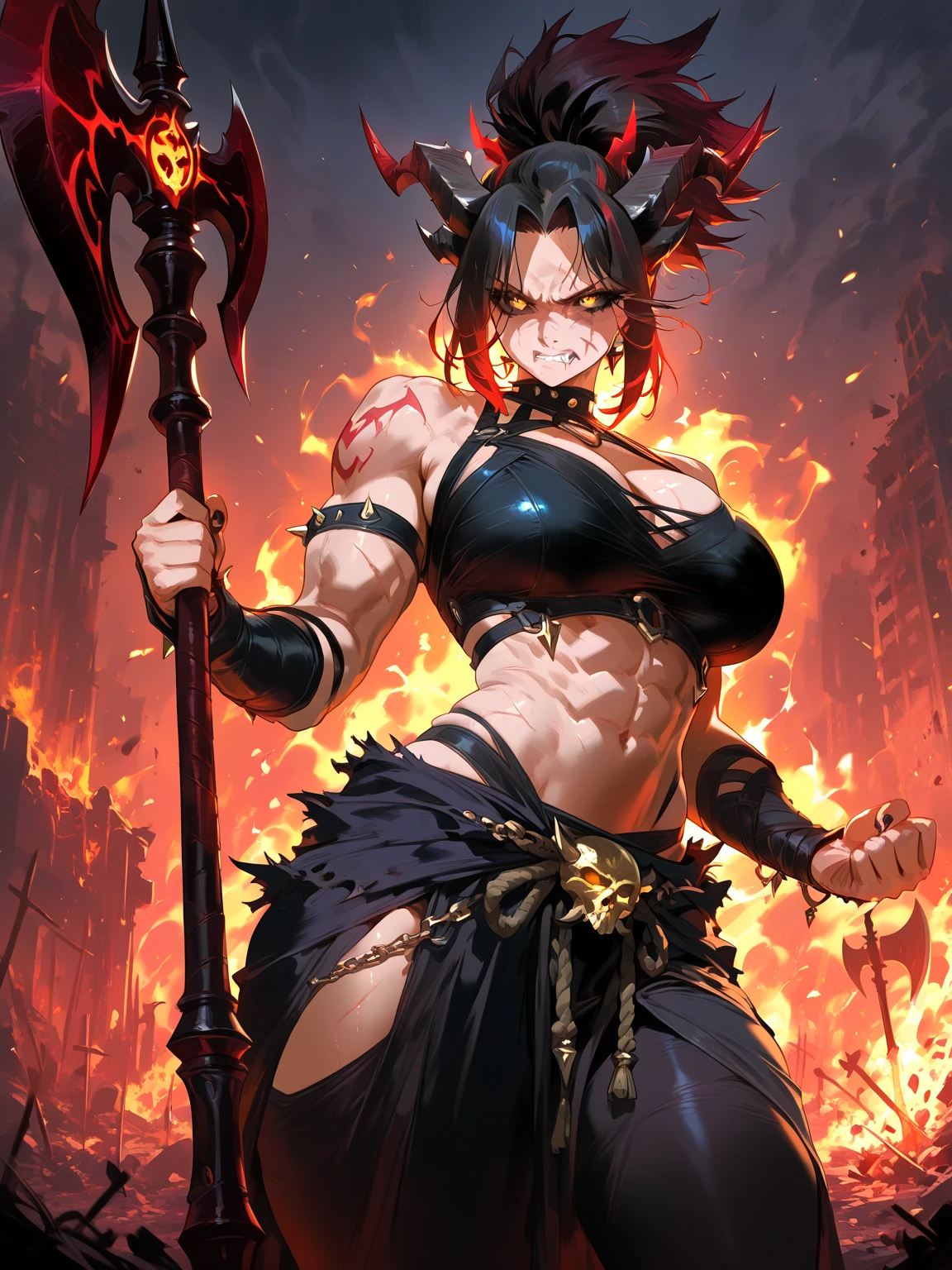 Fantasy, night, 4k, high detailed, Cinematic scene and lighting, a voluptuous succubus with horns and curvy body, Hands are chained to a column, heavy Iron chains, Hands tied, light from fire shines from behind the succubus, illuminating her Silhouette, fearful look, red eyes, human ears, depth of field