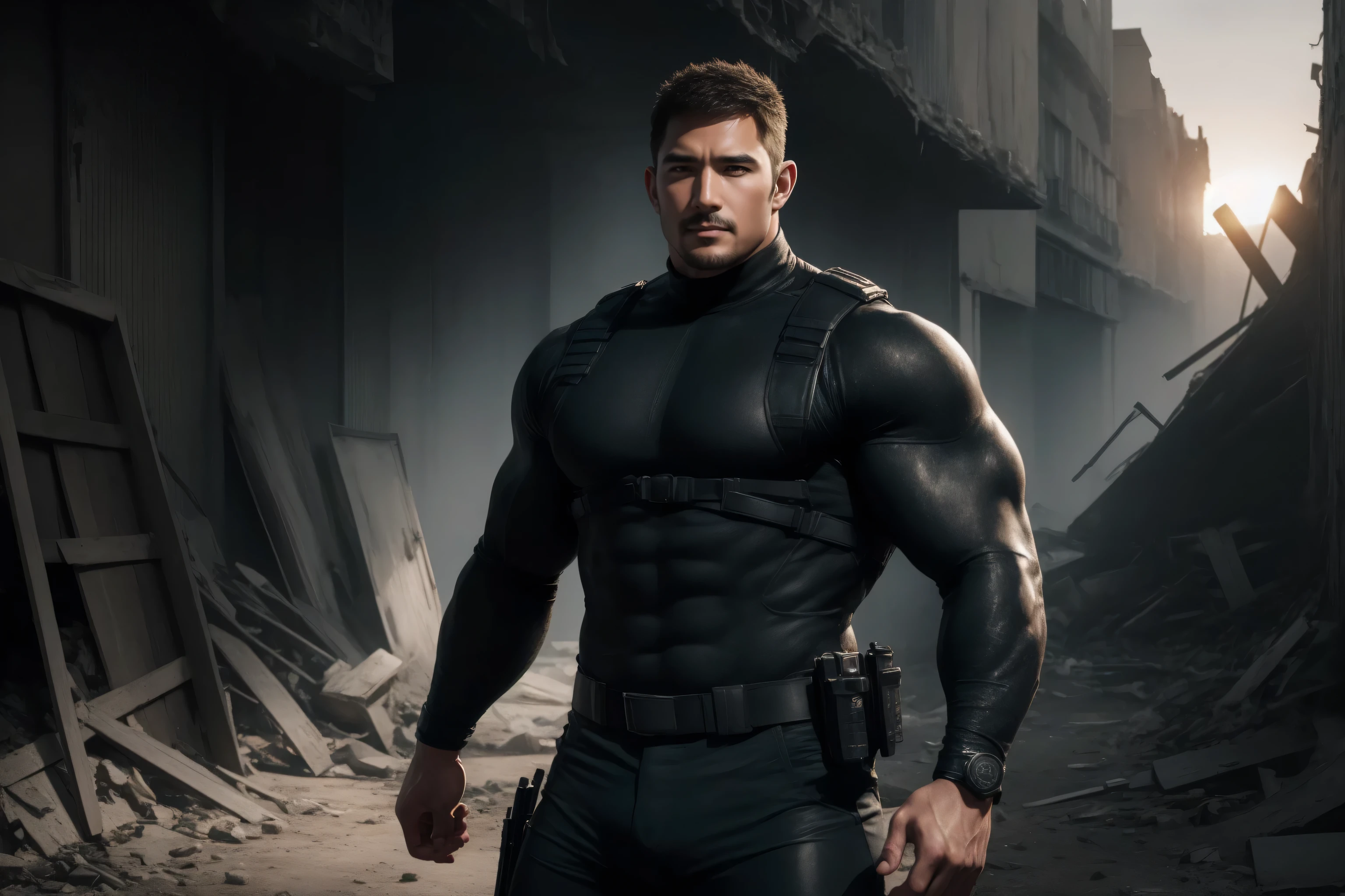 chris redfield, brutalmass, a very handsome young man, sunglasses, wearing a gray shirt, on a black background