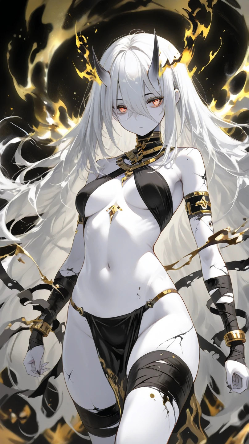 (masterpiece:1.5), (bestquality), highlydetailed, ultra-detailed, 1girl, bishoujo, stare, (red eyes:white eyes:0.3), beautiful detailed eyes, (long hair:white hair:silver hair:0.5), Wing-like bangs, Dull hair, Hair rings, (braid:0.5), cold, bare shoulders, breasts, contrapposto, hand on hip, lips, looking at viewer, makeup, medium breasts, solo, standing, swimsuit