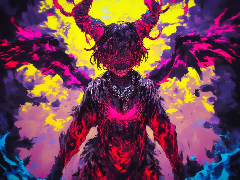 Girl dressed up as a monster with a colorful background but gives a