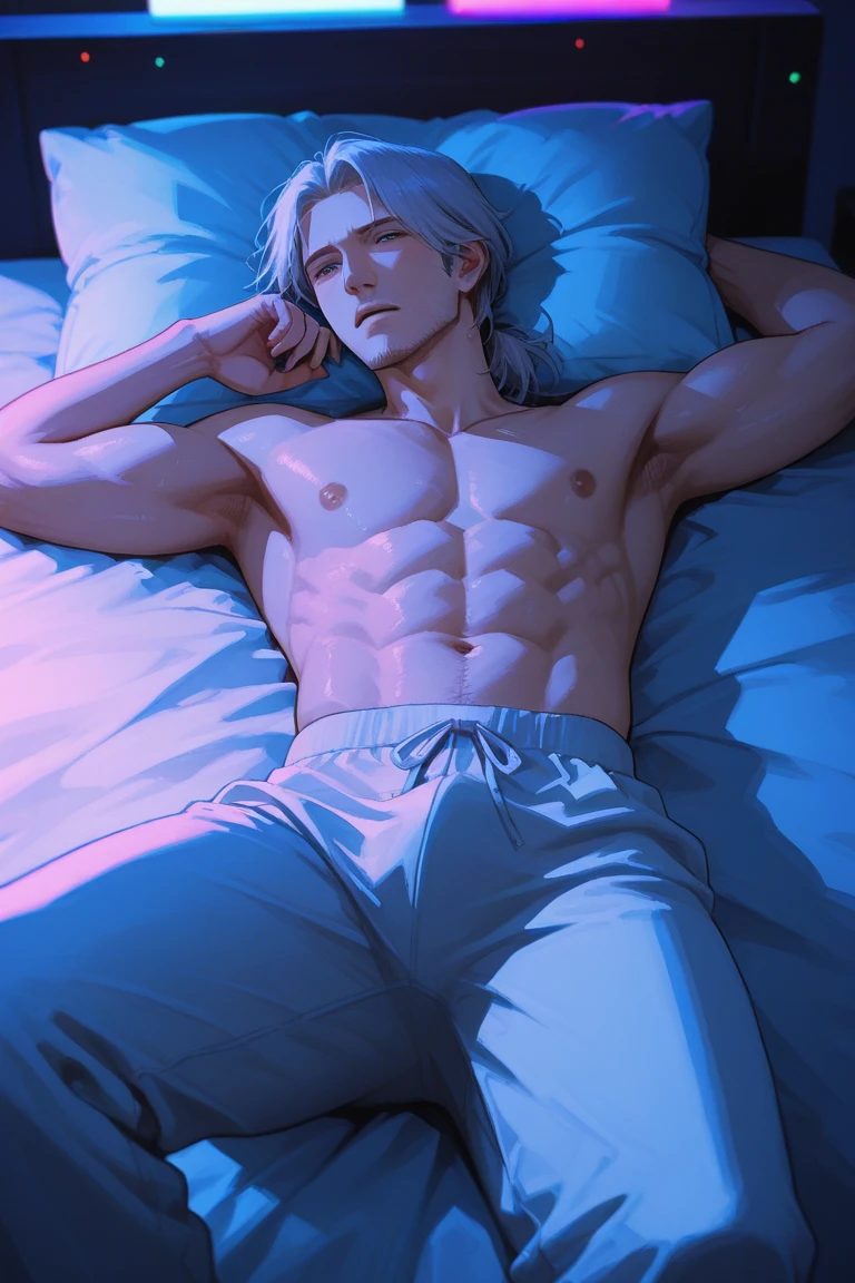 ((Top Quality, 8k, Masterpiece: 1.3)), fit boy laying in bed shirtless, big in transparant white briefs, hairy chest::1.7, white bedsheet::1.5, crew cut, top view(Male Focus), armpit, masculine shape, masculine, rough, raised , huge bulges, sexy, correct anatomy, beard:: gray hair, light golden eyes, photorealistc, model, Full Body, almost naked, smiling, autofelatio position --auto --s2
