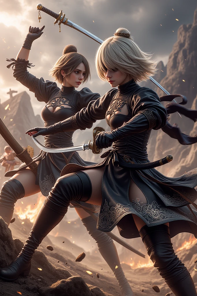 2girls,(fight against another:1.5),trench coat,bikini