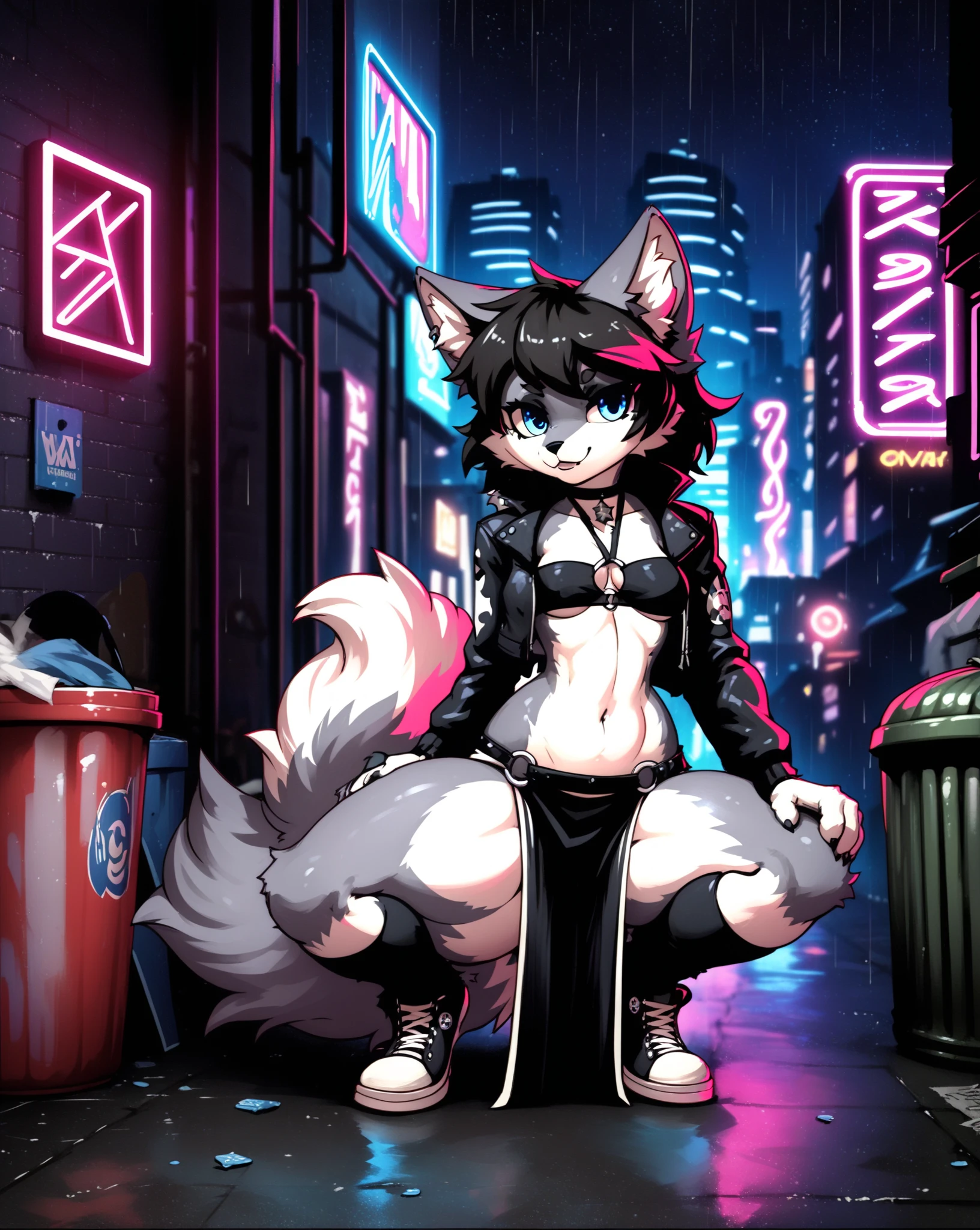 Black Fox, (White Body:1.3), (((masterpiece))), collar, ((angel Wings, black wings :1.45)), (headphones:1.4), short hair, neon pink hair, ((Thigh High Socks, Femboy Clothing, Femboy Thigh Highs:1.5)), (((Femboy))), full body, ((crotch tattoo, glowing crotch tattoo:1.52)), (( women body:1.5)), (fox tail:1.52), Full HD, 8K, ((short pants, hoodie crop:1.65)), ((underwear:1.35)), ((full moon, blue moon:1.45)) public, (small breasts:1.35), (shy:1.55), winter land, ((blue eyes:1.45)), ((pink eyes:1.35)), ((thin:1.55)), (body fluffy:1.55),