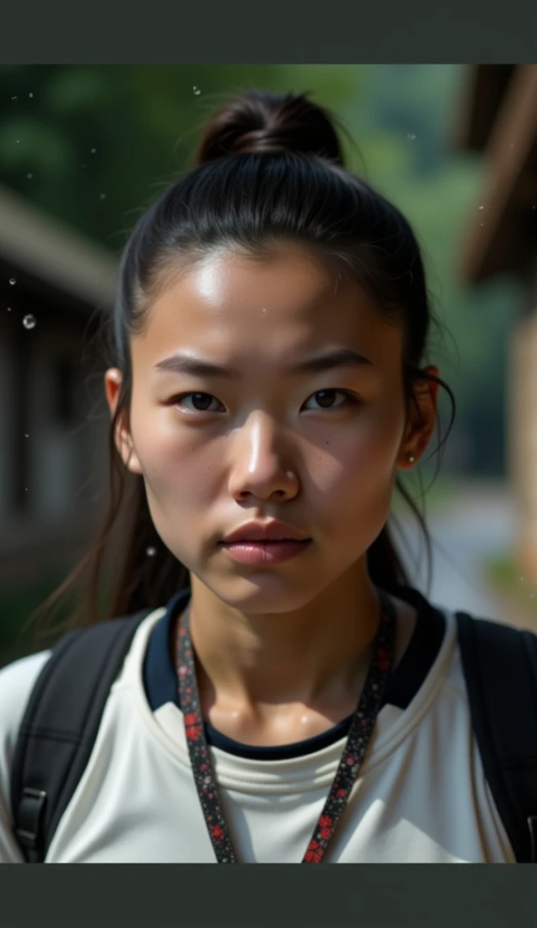 a balinese girl, street smiling, backpack, ponytails, epic realistic, photo, faded, complex stuff around, intricate background, soaking wet, neutral colors, ((((hdr)))), ((((muted colors)))), intricate scene, artstation, intricate details, vignette