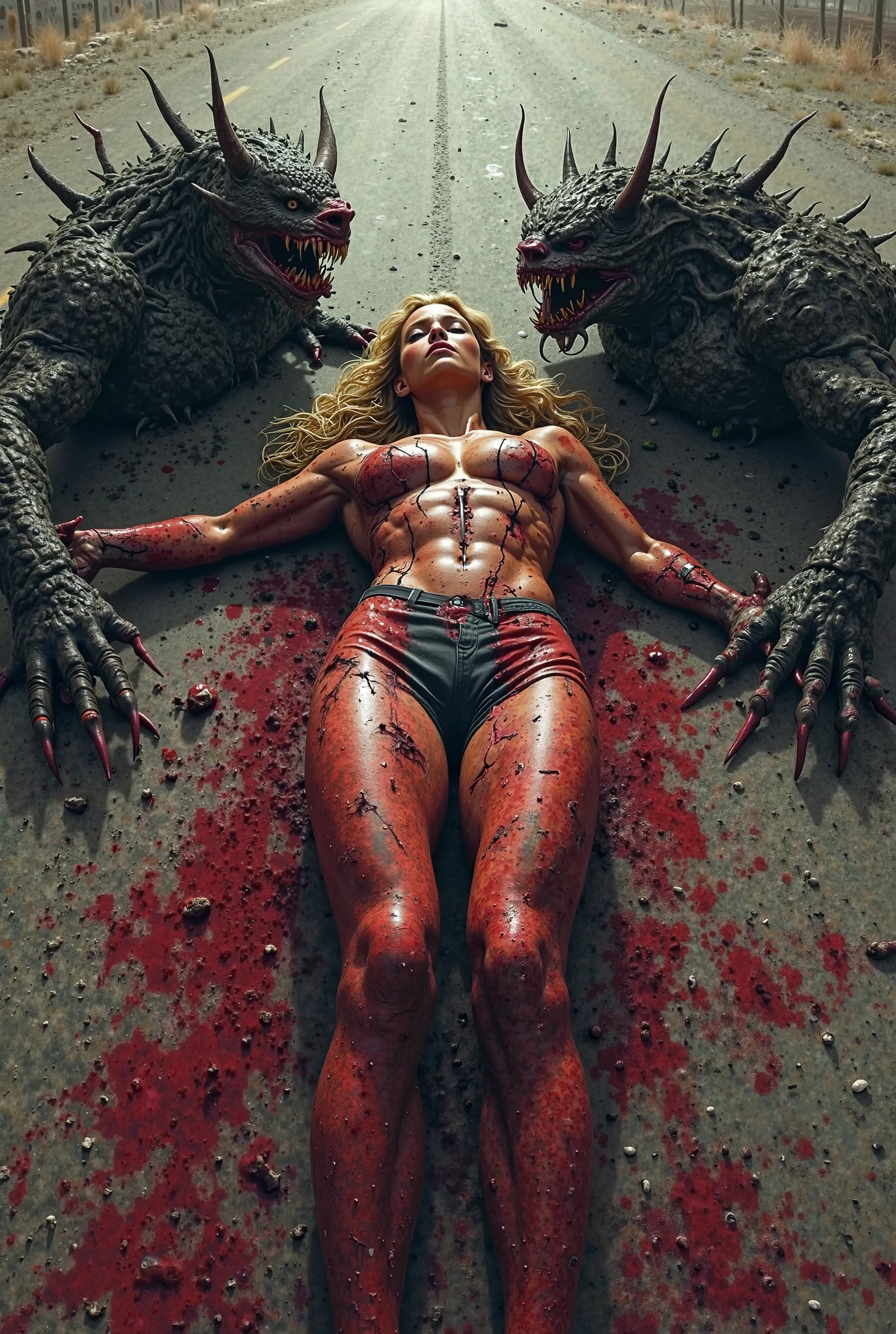 nsfw,(carnage & witchblade physique:1.5), (cara delevingne:1.5), (prolapsed :1.5), (spread legs), (1 super muscular undead succubus with flayed skin and gigantic horns:1.5), (covered in black necrotic rotting muscle:1.5), (witchblade muscular anatomy:1.5), (perfect fingers:1.25),(8k, RAW photo, photorealistic:1.25), dark horrific scary atmosphere, hellish landscape, Hellraiser like atmosphere,