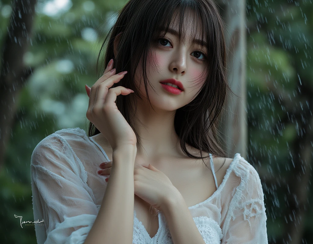 The highest image quality, masterpiece, The ultra-Highres, (Fidelity:1.4), a photo of, 1 girl in,Highly detailed face and skin texture, Detailed Eyes, photorealistic eyes, Beautiful detailed eyes, (Realistic skin), Attractive, The ultra-Highres, ultra realisic, highly detaild, Golden proportions, (sweatshirt, running shoes), Dim, A dark, despair, compassionate, poor, films, watery eyes, watery eyes, (ripped clothing: 1.5), ((wetclothes: 1.4)), bare shoulder, Real rain, Wet hair, ((South Korean, s whole body))