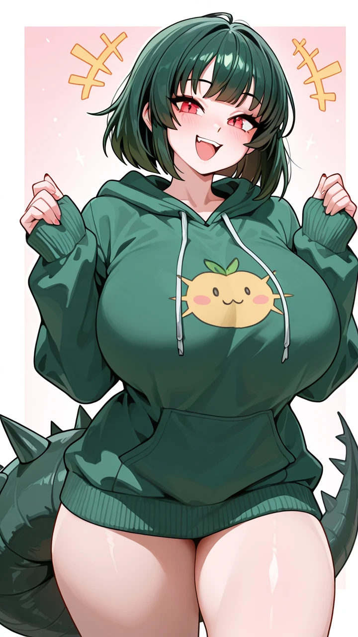 Best quality, masterpiece, lime color hair, black oversized hoodie with watermelon pattern, huge bulging breasts, bedroom, sitting on a bed, sexy,