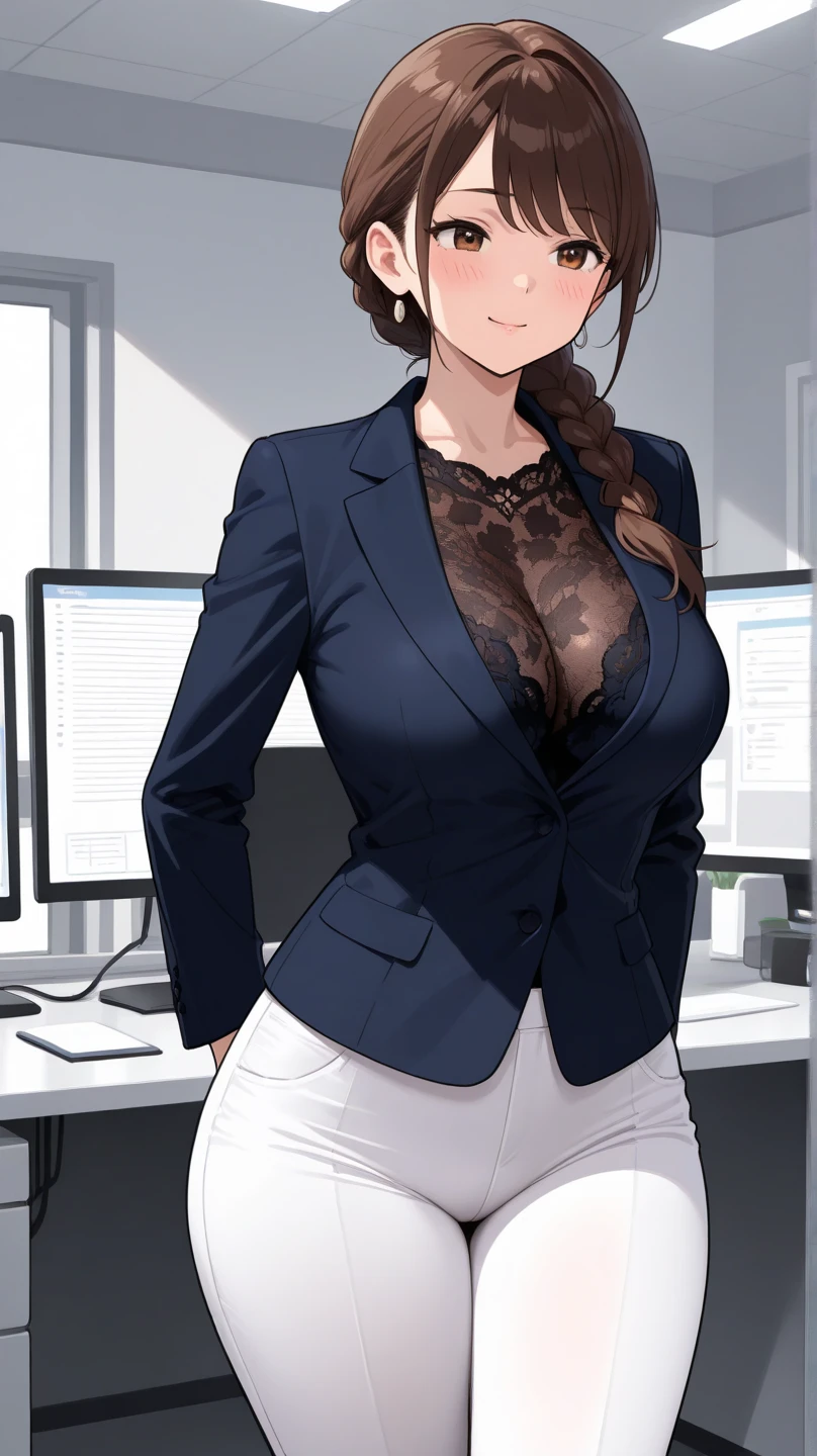 (bestquality,masterpiece), 1girl, solo focus, office, mature female, muscular female, business suit, cleavage, tall female, red hair, yellow eyes, office workers in background, <lora:NacnacV2-000018:0.7>