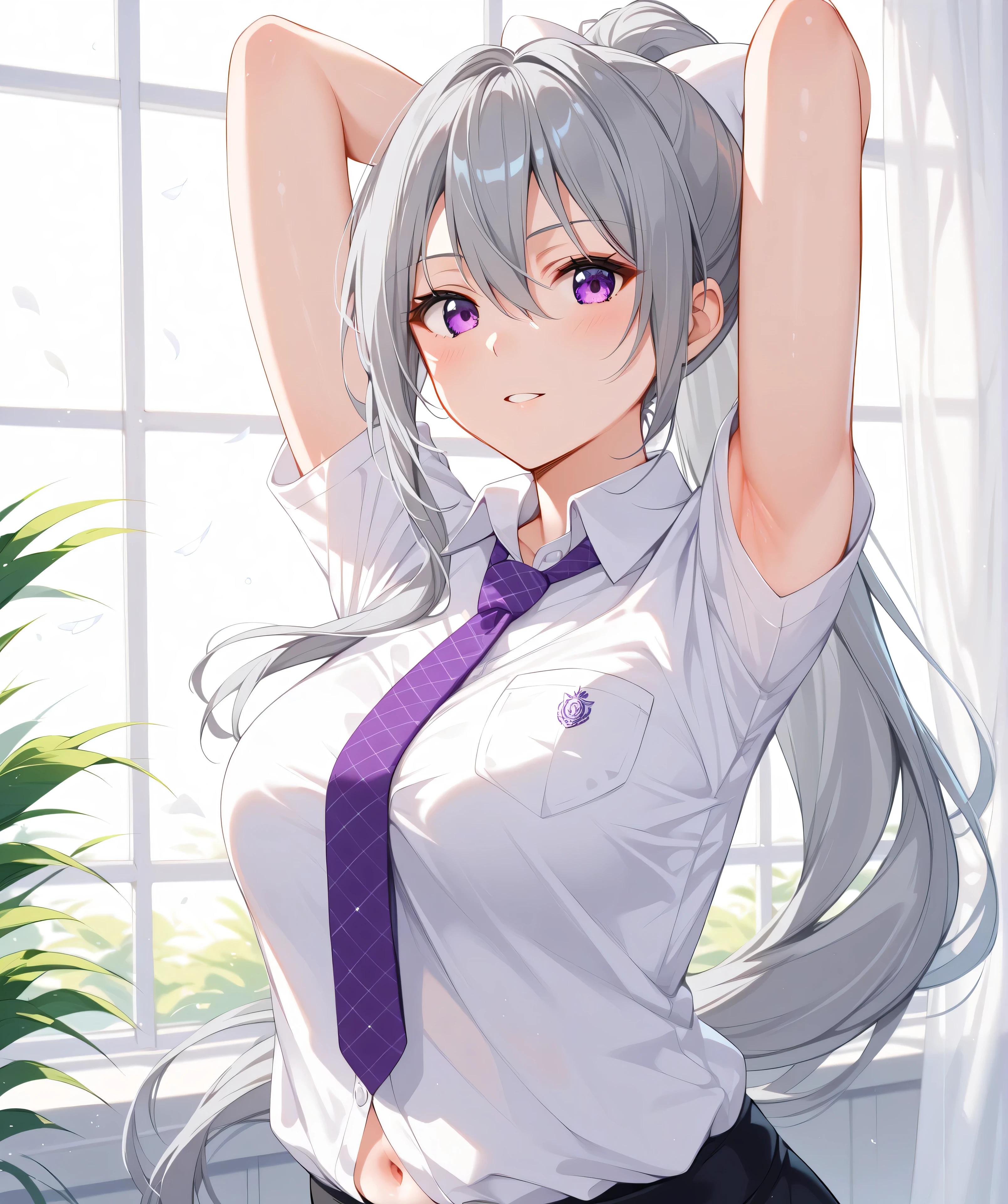 1woman,best quality,ultra-detailed,high resolution,extremely detailed CG,unity 8k wallpaper,score_9, score_8_up, score_7_up, source_anime,hk1, purple eyes, grey hair, hair between eyes, long hair, ponytail, bow, white bow、 shirt, white shirt, necktie, purple necktie,nsfw、dynamic pose、arms behind head、breast focus,medium breasts,mature female,professional quality,armpit focus,navel