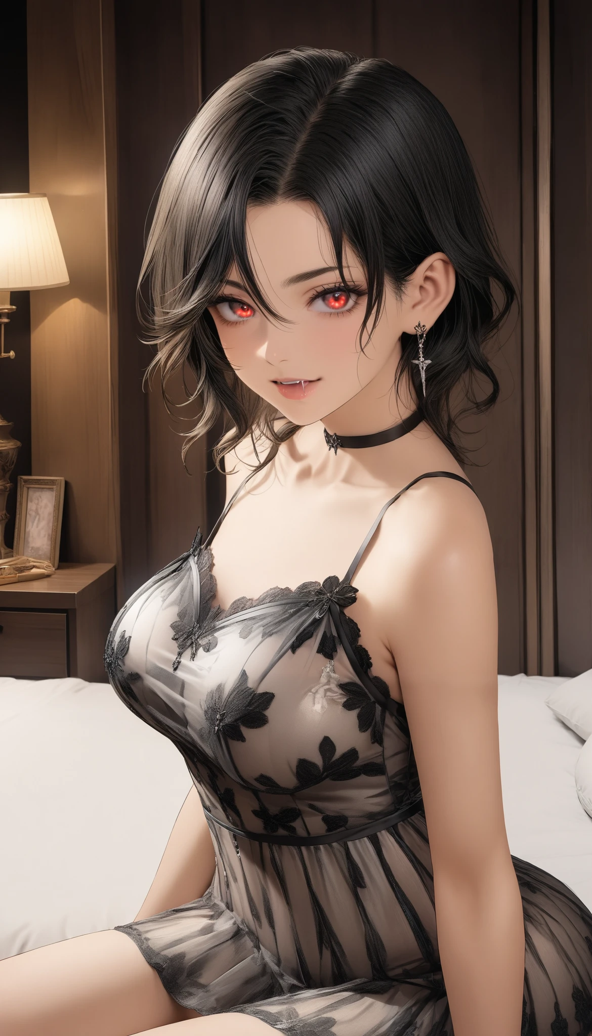 ( masterpiece, top quality, top quality, beautiful、Midea:1.2), 1 person,beautiful, anime style illustration of a girl posing showing her healthy mother , it's cute, sexy clothes and beautiful and cute、 black hair, the girl on the left doesn't have breasts, mature women, 40 years old, Speaking Eyes, , bedroom, Deleted, It's dripping from my mouth, starlike eyes , 40s, mature women, miniskirt, Detailed thighs, Thin fingers , Sheer, wet, lying in bed, dark bedroom, sensual, Proof of Night by a girl posing to show off her healthy mother, camisole, devil'wing, RED EYES, succubus, ( has a whip), (Suspicious Mask), white drool from mouth , night, Mother-son incest,