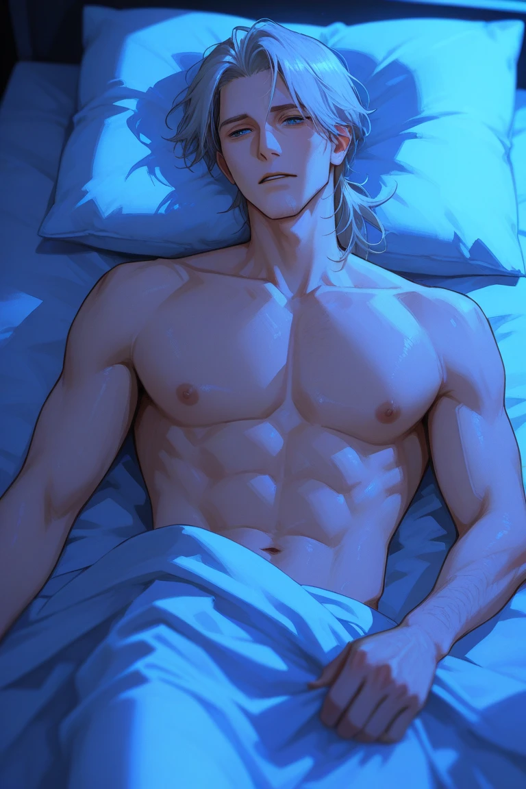 Katsuki Bakugo, with unkempt hair, is lying asleep in a messy bed. He’s naked wearing white bikini, and he's sweating profusely, casually marking the spot where it was previously lying on the bedspread. The room is shrouded in a tranquil stillness, the only sound being the soft rhythmic pace of the man's chest as he sleeps. The scene is captured in exquisite detail, with every crease in the rumpled bed sheets and every bead of sweat on the man's brow. (High resolution, Masterpiece: 1.2), splashed with thick milk on his abs, huge bulge