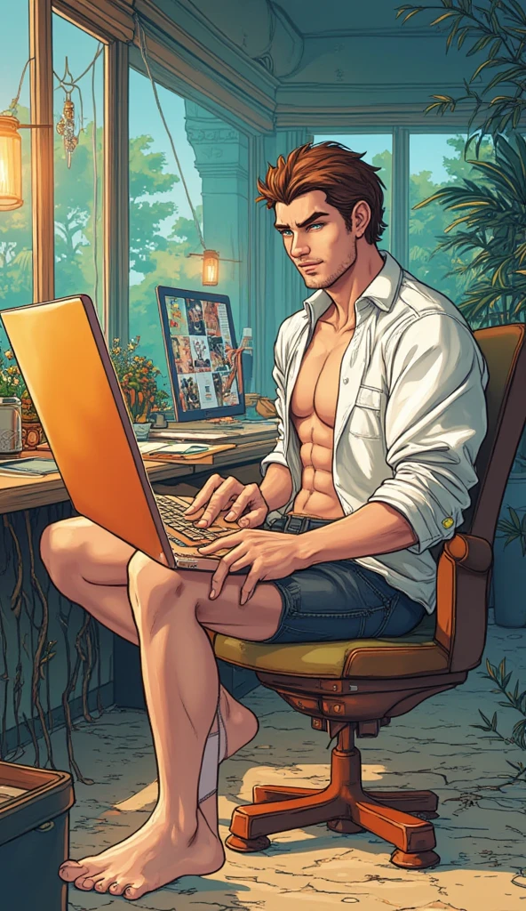 illustration that evoke stoicism men from 25 years old, shirtless, barefoot, strong, slim body Importance of Reason Style: Scientific realism, with a focus on detail and precision. Color palette: Cool, neutral tones (navy blue, gray, white) to convey clarity and objectivity. Expression: A concentrated and determined gaze, brow slightly furrowed in thought. Setting: A young strong handsomen cinnamon sking, man tipying on an orange laptop background you can see a see a window to see the jungle in the night, full moon, river, mountain rain, thonders