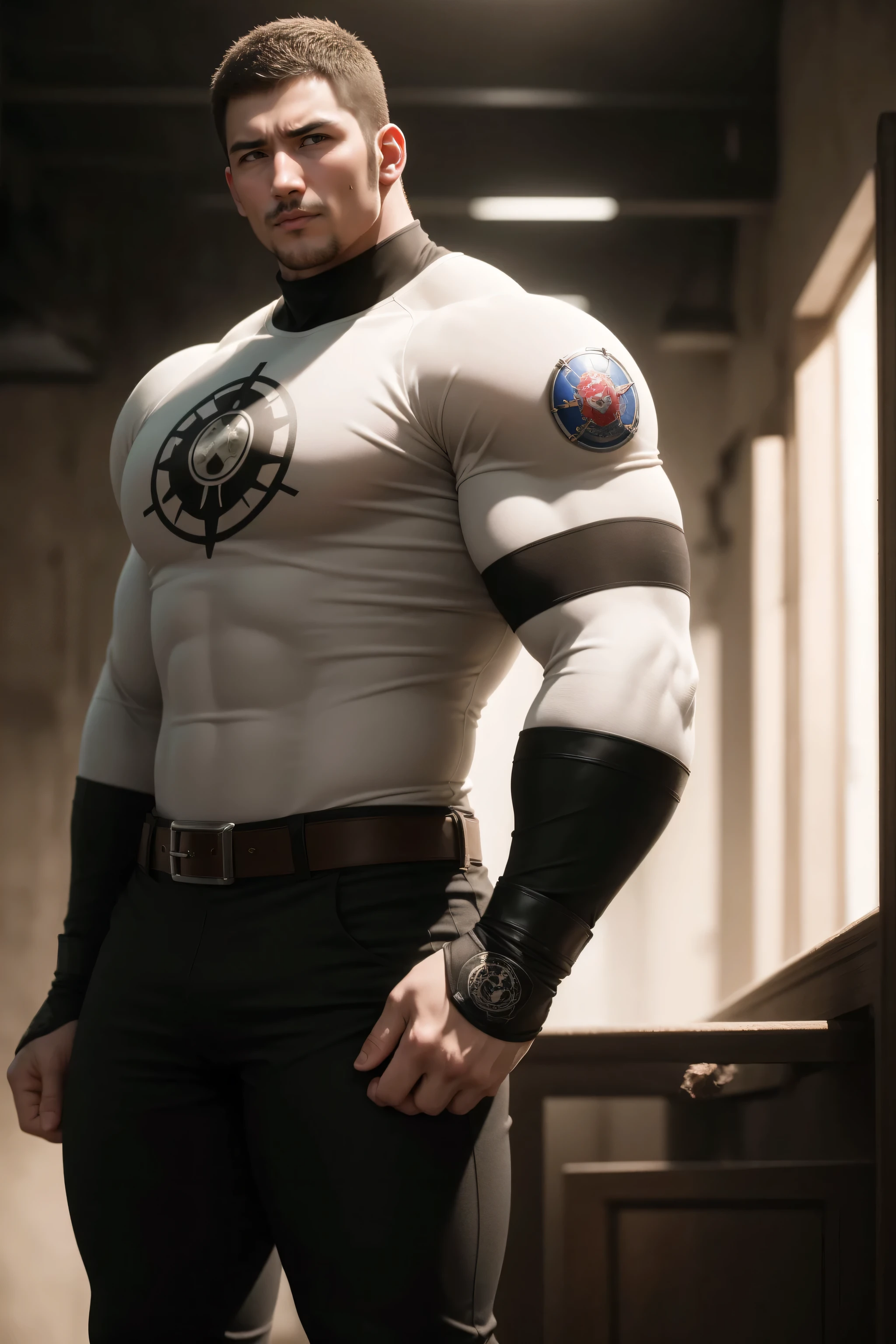 "Obra-prima de arte completa, alta qualidade, ultra detalhado em 4k, 8k, [christopher reeve Brock Edward Lesnar] Justiceiro Marvel comics, alta resolução, Cartaz de cinema, Solo, homem alto forte, Wide neck, tall trapezoids, homem grande, cabelos curtos, cara de bravo, mau, homem grande, alto, (((Musculoso))), camiseta preta, black leather pants, cinto militar, Armado com pistola. fundo simples