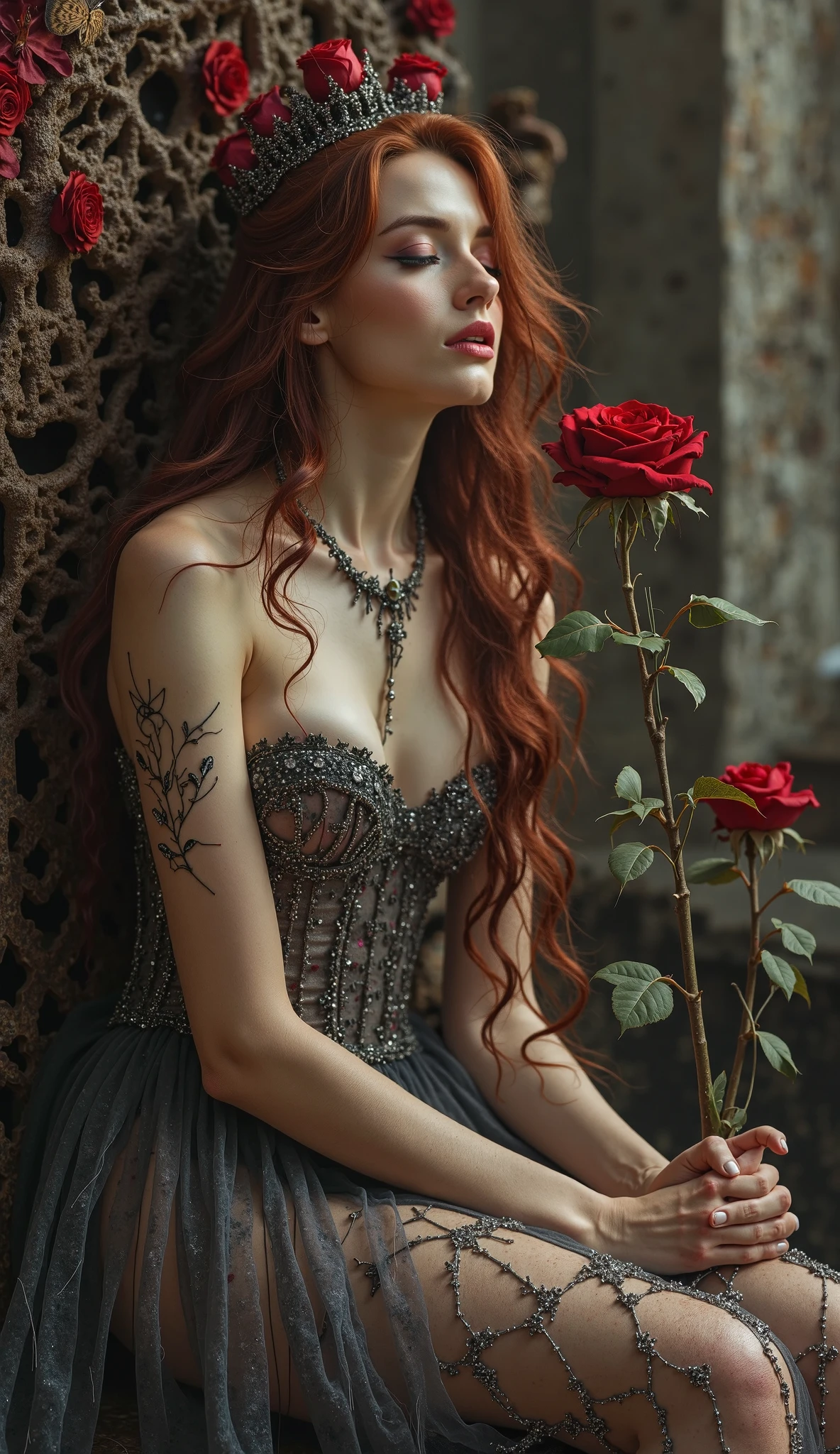 The last kiss before the great battle. An intimate portrait of the vampire princess sitting on the edge of her throne of petrified roots, her head slightly tilted and her expression seductively melancholic. Her dark red hair falls in waves over a sheer dress embroidered with silver threads simulating veins. In one hand she holds a withered black rose, a giant organ plays alone, its keys bleeding. A subtle demonic aura: ash butterflies flutter around her crown of crystal tears, and her shadow transforms into a multi-horned being. Style inspired by dark Pre-Raphaelitism, with sepia tones, aged golds, and a cinematic focus on her glassy eyes reflecting a starless night sky. Ropa transparente, vestido transparente, tetas, muestra las Tetas, pezones, areolas, pataletas, vagina, pubis, adulta, mujer adulta. Resolución de 8K. 

Exludes: anatomy(bad), text, error, fewer, extra, missing, worst quality, jpeg artifacts, low quality, watermark, unfinished, displeasing, oldest, early, chromatic aberration, signature, extra digits, artistic error, username, scan, (worst quality:1.5), (low quality:1.5), (normal quality:1.5), lowres,watermark, bad anatomy, bad hands, text, error, missing fingers, extra digit, fewer digits, cropped, jpeg artifacts, signature, username, blurry, artist name