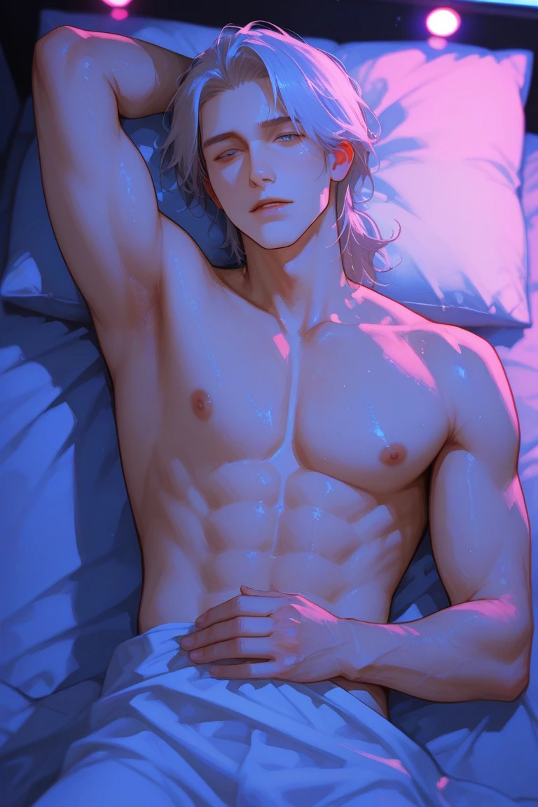 gay、sex、2 males(Completely naked、1 male((50 years old、Uncle、silver hair、logic、show、love juice、blush、orgasm))、1 male(10 years old、black hair))、Sweat、humid、bed