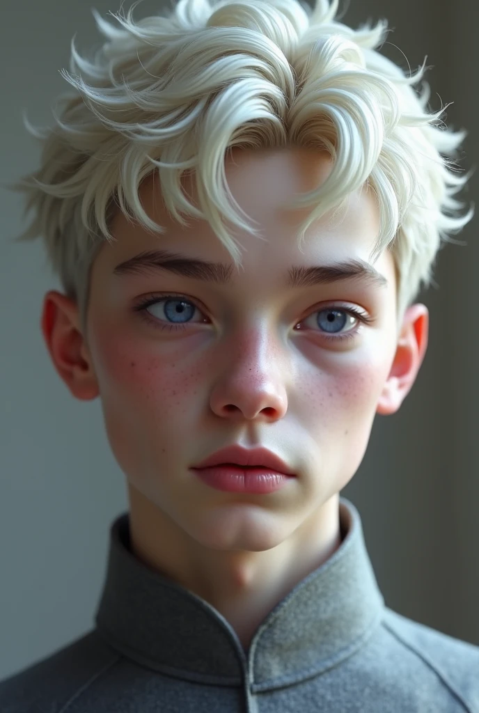 beautiful boy, white spiky hair, clear skin, bright blue eyes, elegant clothes, high quality
