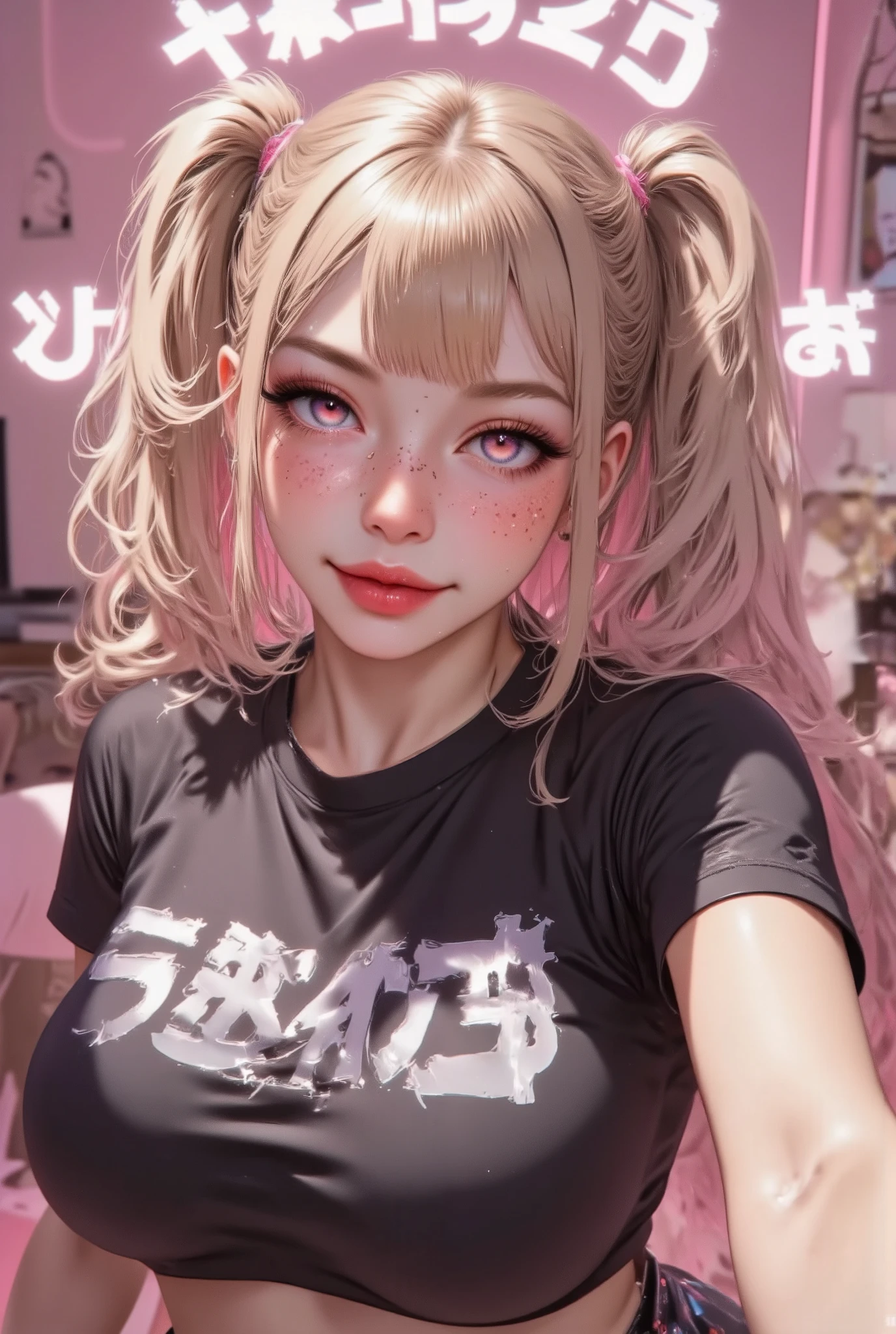 (Best quality, ultra detailed, masterpiece, high resolution, sharp focus, vibrant colors, realistic shading, intricate details, smooth rendering, stunning composition, deep of field), ((((classic anime style)))) (enhancing details like the realness of skin, textures and stylized proportions), stunning, sharp, chiseled facial features and a fair Caucasian complexion. Her ((almond-shaped eyes)) have are ((light purple)), (((purple eyes))), enhanced by bold, dramatic eyeliner, ((((very big eyes)))). Her nose is small and slightly upturned, while her flesy and glossy lips (((bimbo lips))) appear as if enhanced with(( hyaluronic acid)), giving them a luscious, seductive look. She has delicate ((((freckles across her cheeks, shoulders, and collarbone)))), (((freckles across cheeks))), adding a touch of natural charm. Her ((skin is incredibly pale, almost porcelain-like.))
Her((( lots of long, ((wavy)) very light blonde hair)))(( cascades down)) her back, styled into ((two high and big (((messy))) ponytails)) on either side of her head, with ((loose strands framing her face)) and also loose hair at both sides of her head. she also has (efortless french bangs),(( and lots of loose long wavy hair that cascades down her back and shoulders)). ((The soft waves at the ends fade into a light (((pastel pink))))). Her body is ((((very thin and skininny)))), hourglass figure, with (((huge ))). ((She exudes an alluring, almost ethereal beauty, both sensual and captivating)).
She wears (((sexy wet t-shirt))), ((tight coulotte)), ((((underboob))), ((neckline)), . The pose is dynamic,((standing Dynamic pose: 2)), (Detailed day indoor: 1.6), she's in a (detailed luxury room), she smiles a little bit (naughty and playful attitude), perfect long red nails, (((taking a selfie in front of the mirror))), (((full body portrait))), ((((legs are visible)))),
