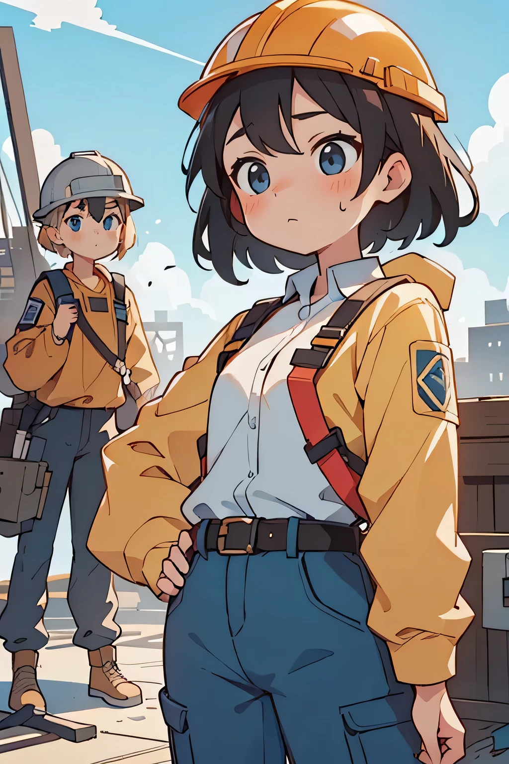 (Best Quality, oconnor ), Two girls working at a construction site , long sleeve cuckold, cargo pants , safety helmet, Work Belt, Height Safety Harness, Check construction progress on tablet. ,a girl in a suit wearing a safety helmet. , It's a meeting ., under a blue sky .International color, Wipe sweat with your hands,