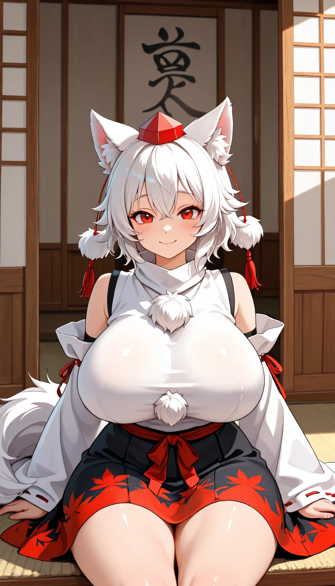 A cat girl with long white hair, a red body, pink nipples, enormous breasts, pink nipples, standing and squeezing her breasts until a lot of milk flows, wearing a kimono.