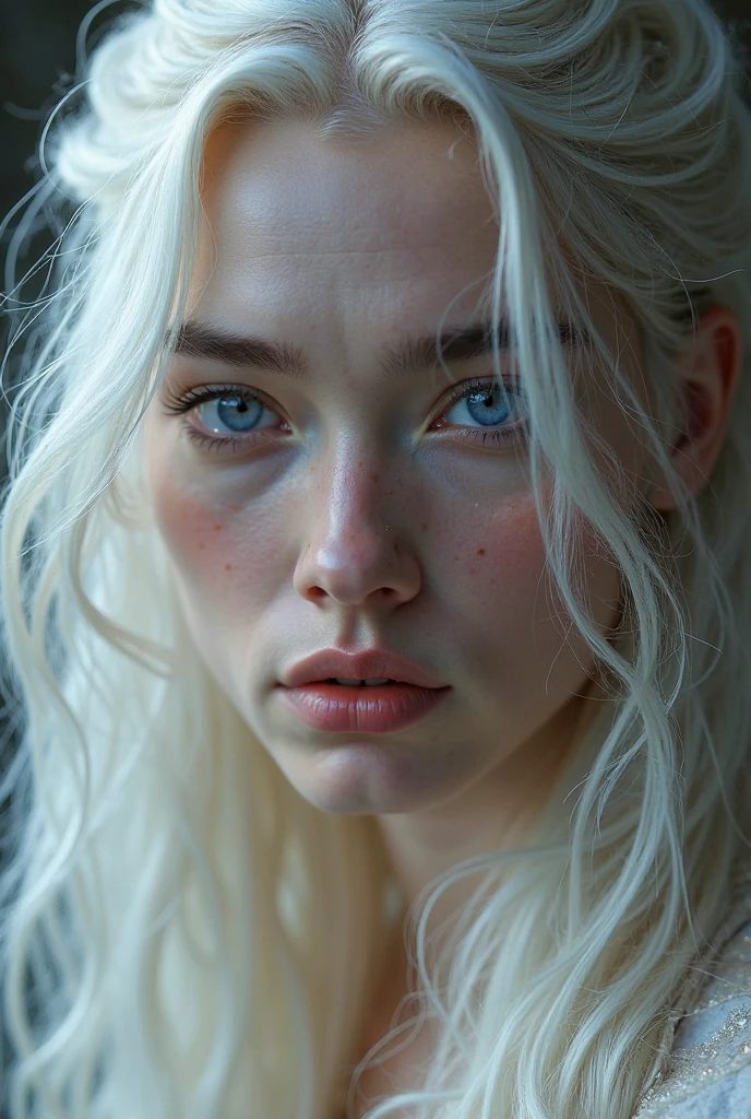 um jovem adolescente. She is short and very pretty, com cabelo loiro platinado e olhos violetas, comum aos membros da Casa Targaryen. in his childhood, Dany was a shy and docile girl, with low confidence and self-esteem. [I want a close-up where only half of her face appears in the photo, I want a photo with a high level of detail, Concentre-se nos olhos, Eu quero vida nos olhos dela