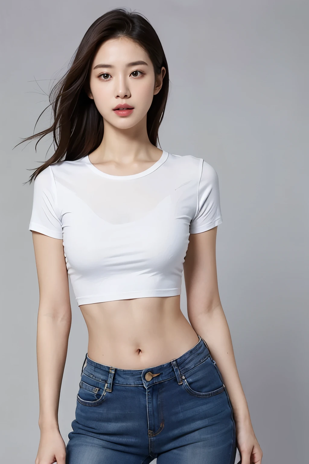 (realistic:1.2), solo, Asian woman, white t-shirt, tight shirt, crop top, midriff, navel, jeans, gray background