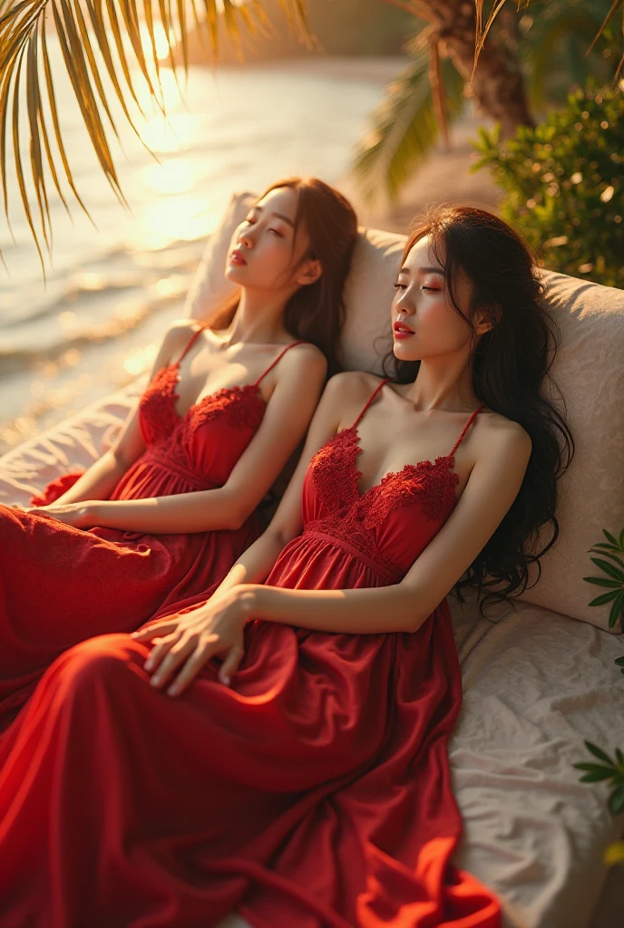 A provocative and sensual image unfolds before us. Two Korean girls, 22 years old, lie asleep in a deep, black coffin surrounded by plush pillows. They wear red see-through dresses with lace details, off-shoulder designs, sleeve, and huge skirts that cascade around their bodies. The dresses are cut low to showcase their beautiful breasts, fixed with a subtle cleavage cutout. Their faces are flawless, with perfect eyebrows, eyelashes, and skin tone. One girl's hair is styled in a ponytail with bangs framing her face, while the other has a bun adorned with wisps of hair framing her closed eyes. The overall atmosphere is one of intimacy and sensuality, with saturated colors enhancing the mood. Note the visible breasts and perfectly manicured hands that peek out from beneath the skirts, which are strategically covered to conceal their legs, ba11g0wn 