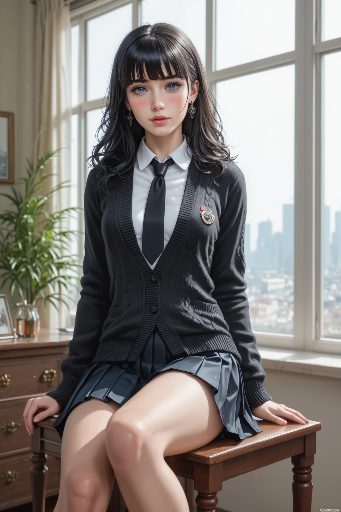 ((((masterpiece, best quality, high resolution)))), Cinematic light, 8k resolution, facial details, (sharp focus: 1.2), (best quality, 8k, highres icon, incredible quality, very aesthetic, anatomically correct, absurd resolution), ultra-detailed, realistic, photorealistic, (photorealistic:1.4), HDR, Ultra HD, ultra-fine painting, (sharp focus:1.2), physics-based rendering, description with extreme details, vivid colors, bokeh effect, Professional, Beautiful girl with thin body, (Single's Inferno Season 4: Lee Si-an's) (Ultra HD, Ultra-detailed, Highly detailed, Highly realistic, Ultra-realistic, photograph realistic), (1girl:1.5), (black hair), (long heavy straight hair, fringe, earrings), (sitting over a chair in her bedroom), looking at viewer, (bad mood face), (blue eyes), (small breasts:1.2), (beautiful detailed face, beautiful detailed eyes, detailed tooths, detailed lips), ((black adorned cardigan, thin black material, (a black lace as black tie, black pleated skirt))), (blushed:1.5), all clothes are black, all clothes are fine clothes, glowing skin, (bedroom background, near a window), seductive,