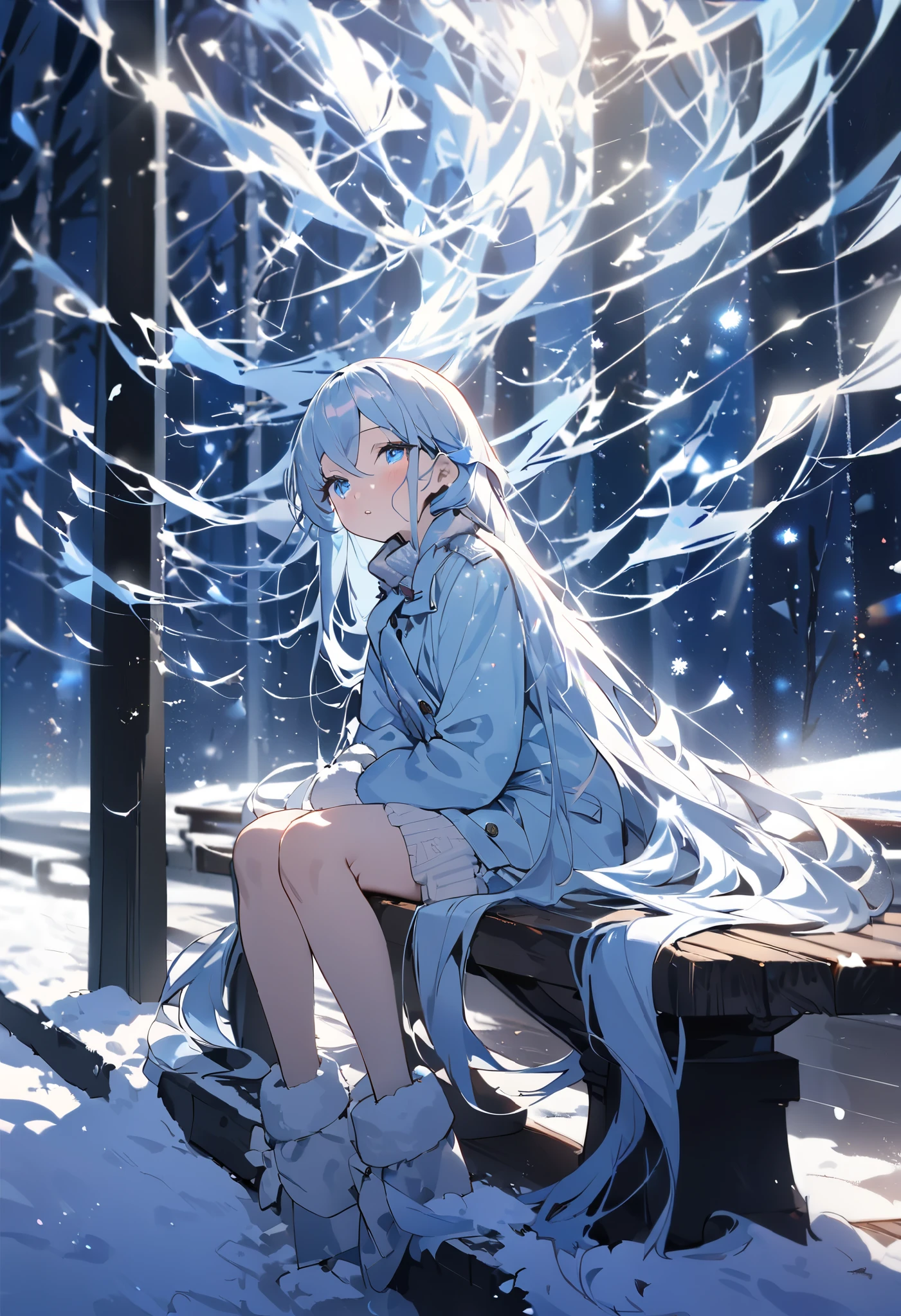 masterpiece, best quality, extremely detailed, absurdres)), masterpiece, best quality, extremely detailed, ((((((light blue long hair))))), long hair cute anime faces, detailed light, parted lips, shiny, beautiful detailed face, long hair, (((light blue long hair))),,, 1girl, solo, flat chest, blush, winter, 1 girl, sitting on a bench, blue eyes, background blur, overexposed, Ultra Wide Angle, Silence, Looking Up from Below, Hair Gets Messy, Blowing Wind, Blue Themes, (Color Changing Eyes, Ultra-Detailed, Expressive Brilliance, Glitter, Glowing Eyes), Wear a winter coat, professional lighting, , Light Blue Coat, Lolita Fashion, Snow Scene, Snowstorm,