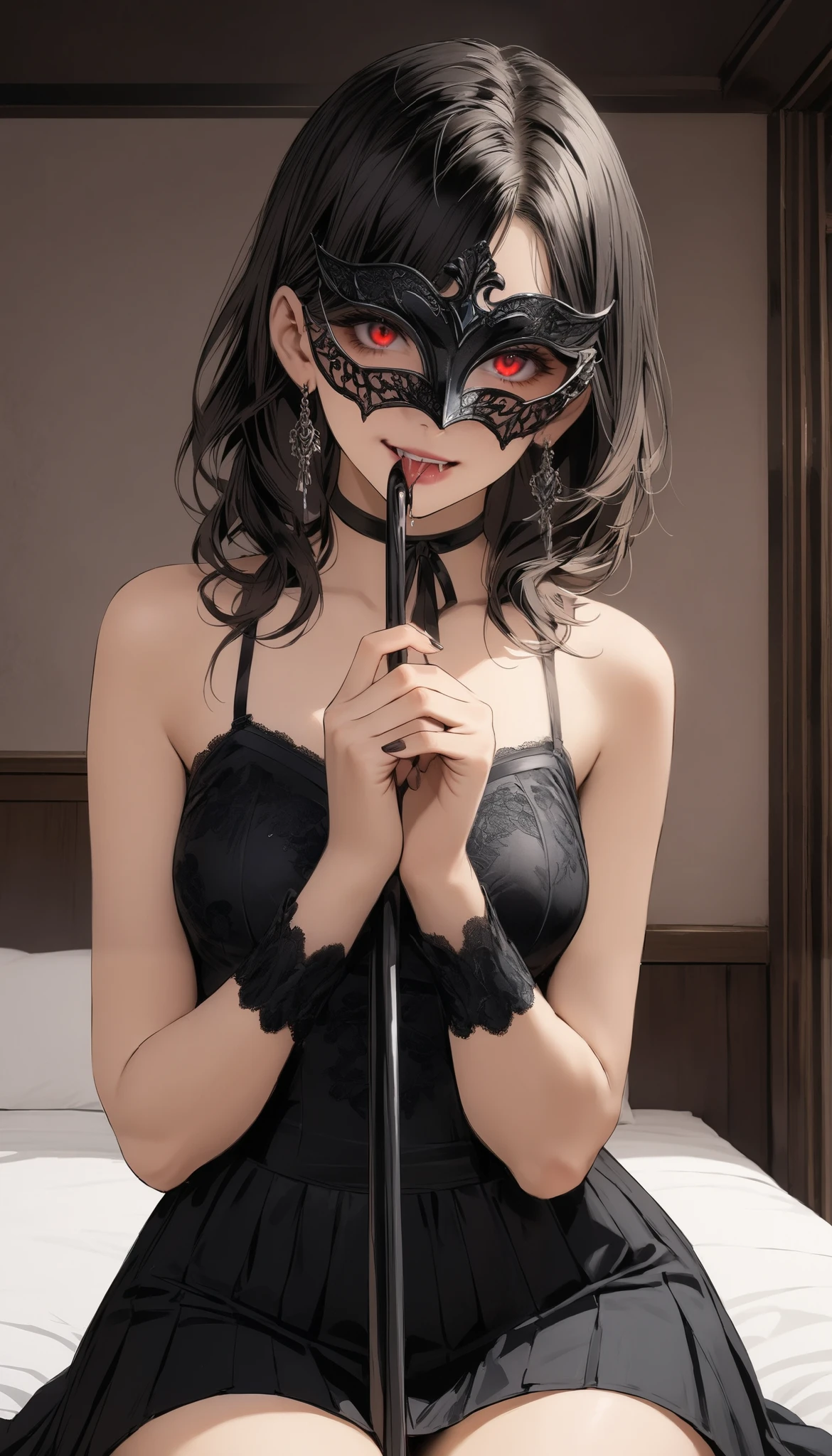 ( masterpiece, top quality, top quality, beautiful、Midea:1.2), 1 person,beautiful, anime style illustration of a girl posing showing her healthy mother , it's cute, sexy clothes and beautiful and cute、 black hair, the girl on the left doesn't have breasts, mature women, 40 years old, Speaking Eyes, , bedroom, Deleted, It's dripping from my mouth, starlike eyes , 40s, mature women, miniskirt, Detailed thighs, Thin fingers , Sheer, wet, lying in bed, dark bedroom, sensual, Proof of Night by a girl posing to show off her healthy mother, camisole, devil'wing, RED EYES, succubus, ( holding whips in their hands ), (Red Suspicious Mask), white drool from mouth , night, holding whips in their hands ,
