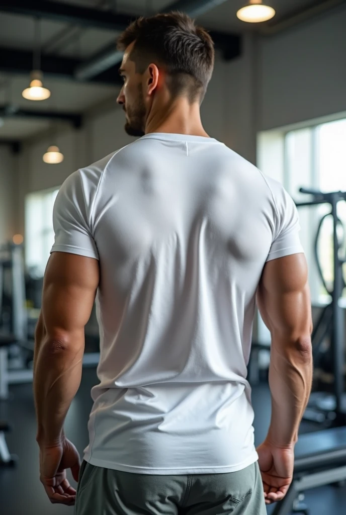  an image to post on Instagram and create an advertisement for oversized white gym t-shirts. The image should feature the t-shirts from the back, with people modeling them from the front and back. The focus should be primarily on the back, highlighting the back area for easy editing to add prints on the t-shirts. The environment should be a rustic, slightly dark gym setting to give an authentic workout atmosphere. The images should appeal to stylish individuals who go to the gym and consume gym-related clothing and products. The images should be well-defined and in high resolution. The primary focus should be on the back of the t-shirt