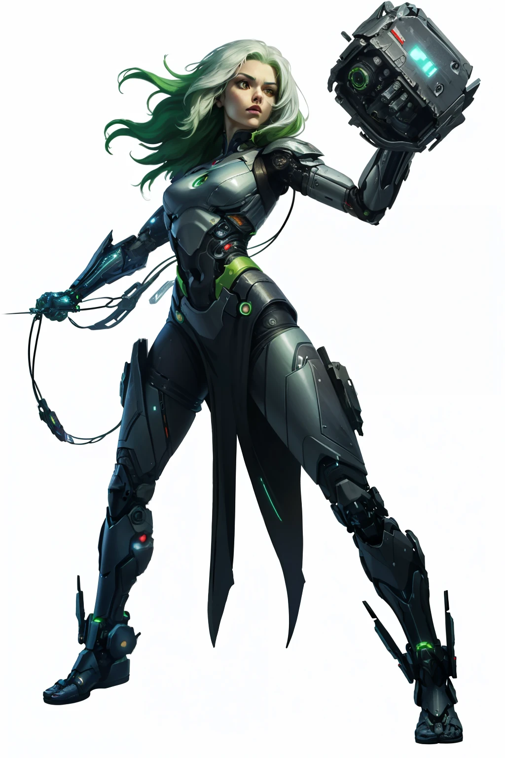 (full body image, it is forbidden to cut or not appear from head to toe, PNG format , transparent background, white background, Futuristic theme,supernatural, rpg) &&&&& (high quality, masterpiece) &&&&& I want a character wearing white clothes and green hair with cybernetic devices on her body, It's a cyborg