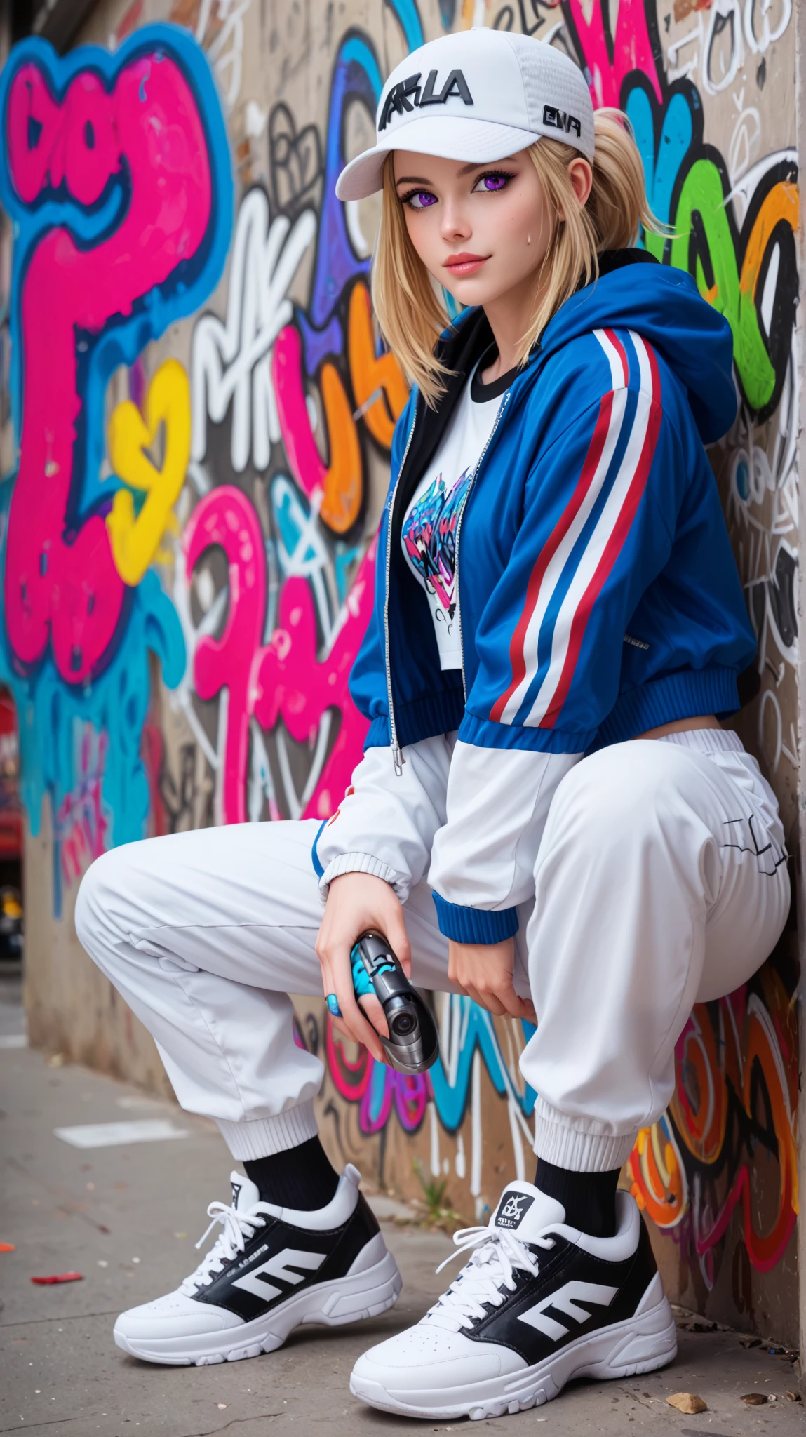 Cha Hae-In from Solo Leveling crouching confidently in an urban setting, wearing a stylish black crop top, white sweatpants with graffiti-style lettering on the side, and black-and-blue high-top sneakers. She also wears a white snapback cap tilted slightly backward. Her golden blonde hair flows naturally, and her violet eyes exude strength and charisma. Behind her, a vibrant graffiti mural with bold neon colors, abstract designs, and a stylized creature creates an electrifying atmosphere. The ground is covered in urban street art, enhancing the raw and edgy aesthetic. High-detail rendering, ultra-realistic textures on fabric, skin, and graffiti, cinematic lighting, slight depth of field for a dynamic and immersive feel. --ar 16:9 --v 6 --style raw --q 2 --s 750