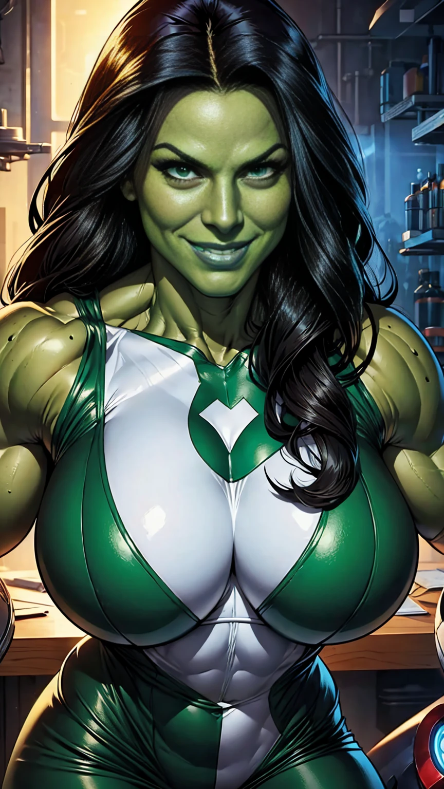 Susan Storm from the fantastic four with green hair and green skin, slutty, busty, beautiful large breasts, by Louis Royo, Boris Vallejo, Frank Frazetta, extreme focus, sharp details, sexy, oily skin, sexy, naughty, dynamic pose, (((((green skin))))), (((green hair)))